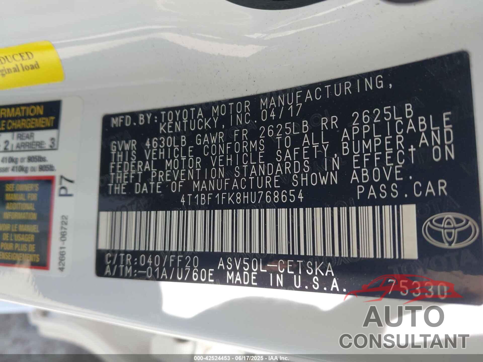 TOYOTA CAMRY 2017 - 4T1BF1FK8HU768654