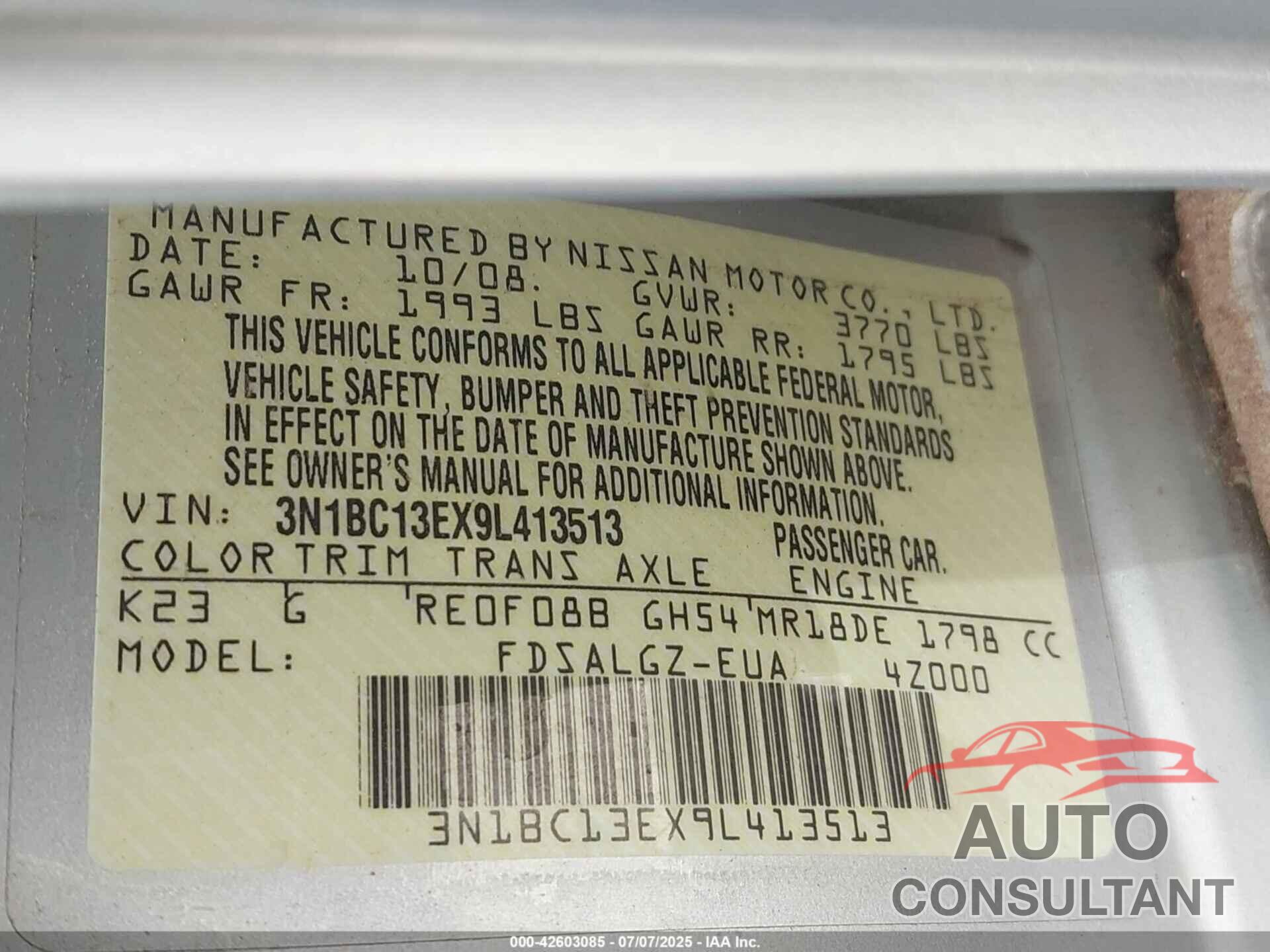 NISSAN VERSA 2009 - 3N1BC13EX9L413513