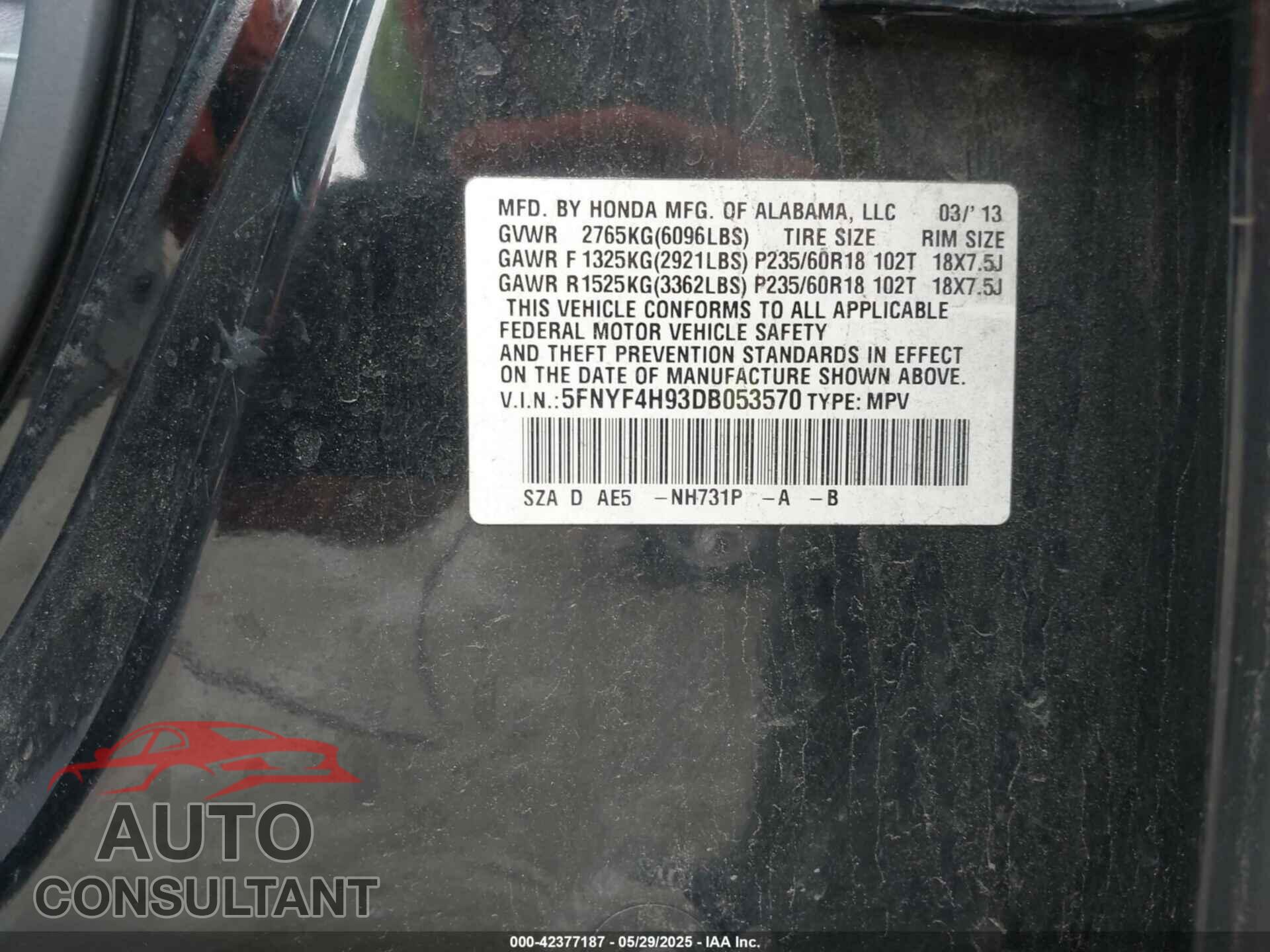 HONDA PILOT 2013 - 5FNYF4H93DB053570