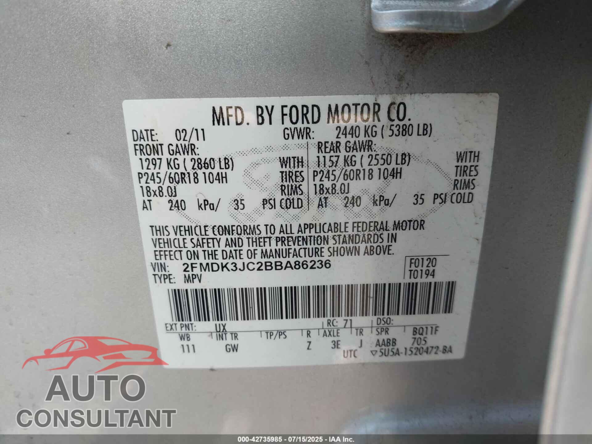 FORD EDGE 2011 - 2FMDK3JC2BBA86236
