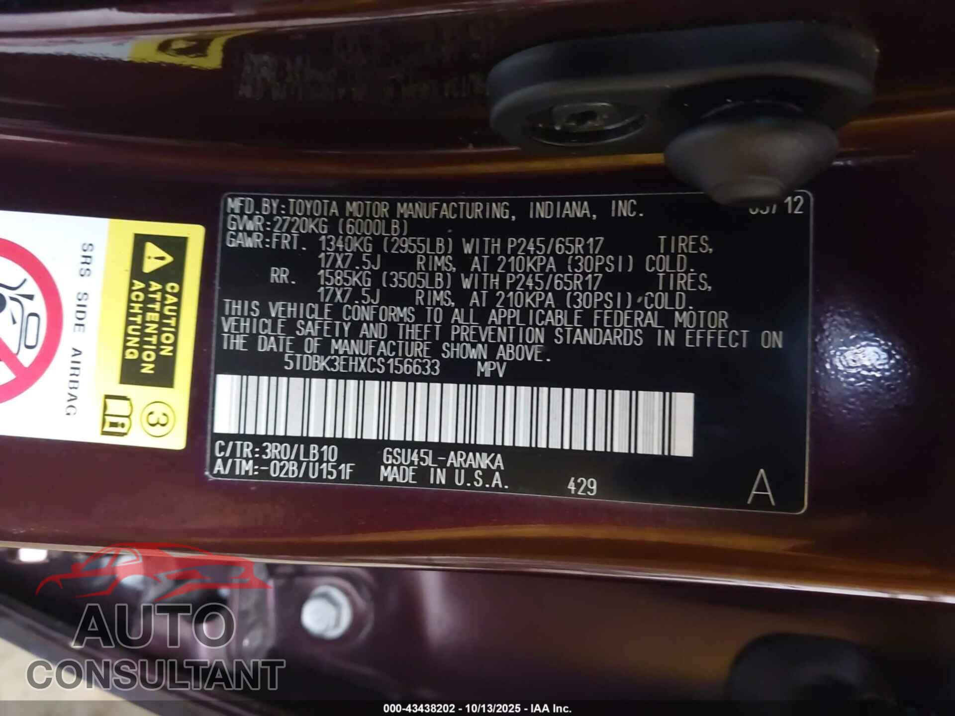 TOYOTA HIGHLANDER 2012 - 5TDBK3EHXCS156633