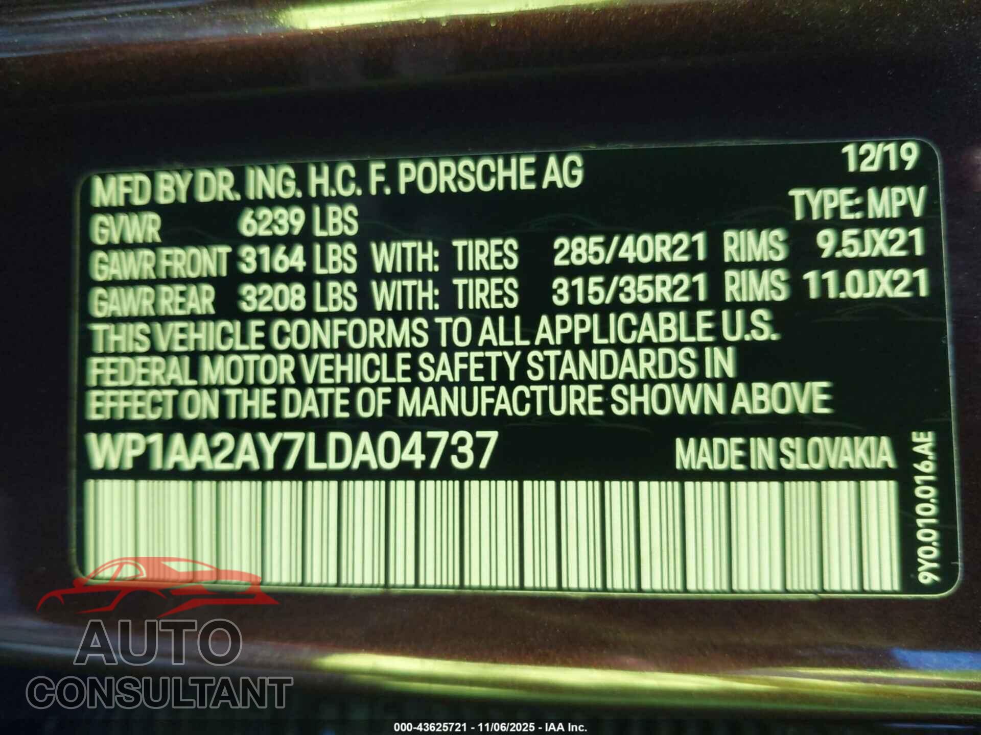 PORSCHE CAYENNE 2020 - WP1AA2AY7LDA04737