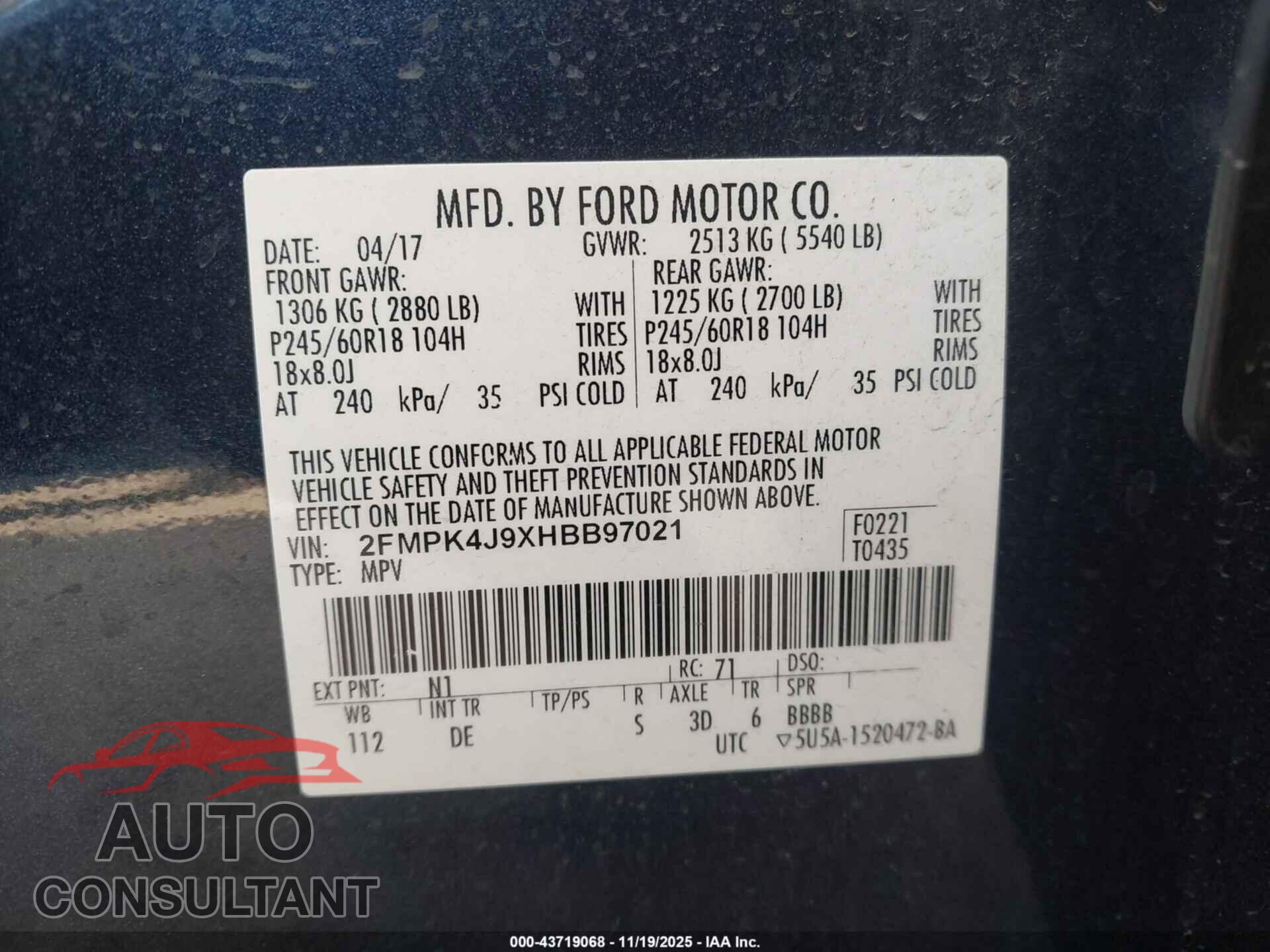 FORD EDGE 2017 - 2FMPK4J9XHBB97021