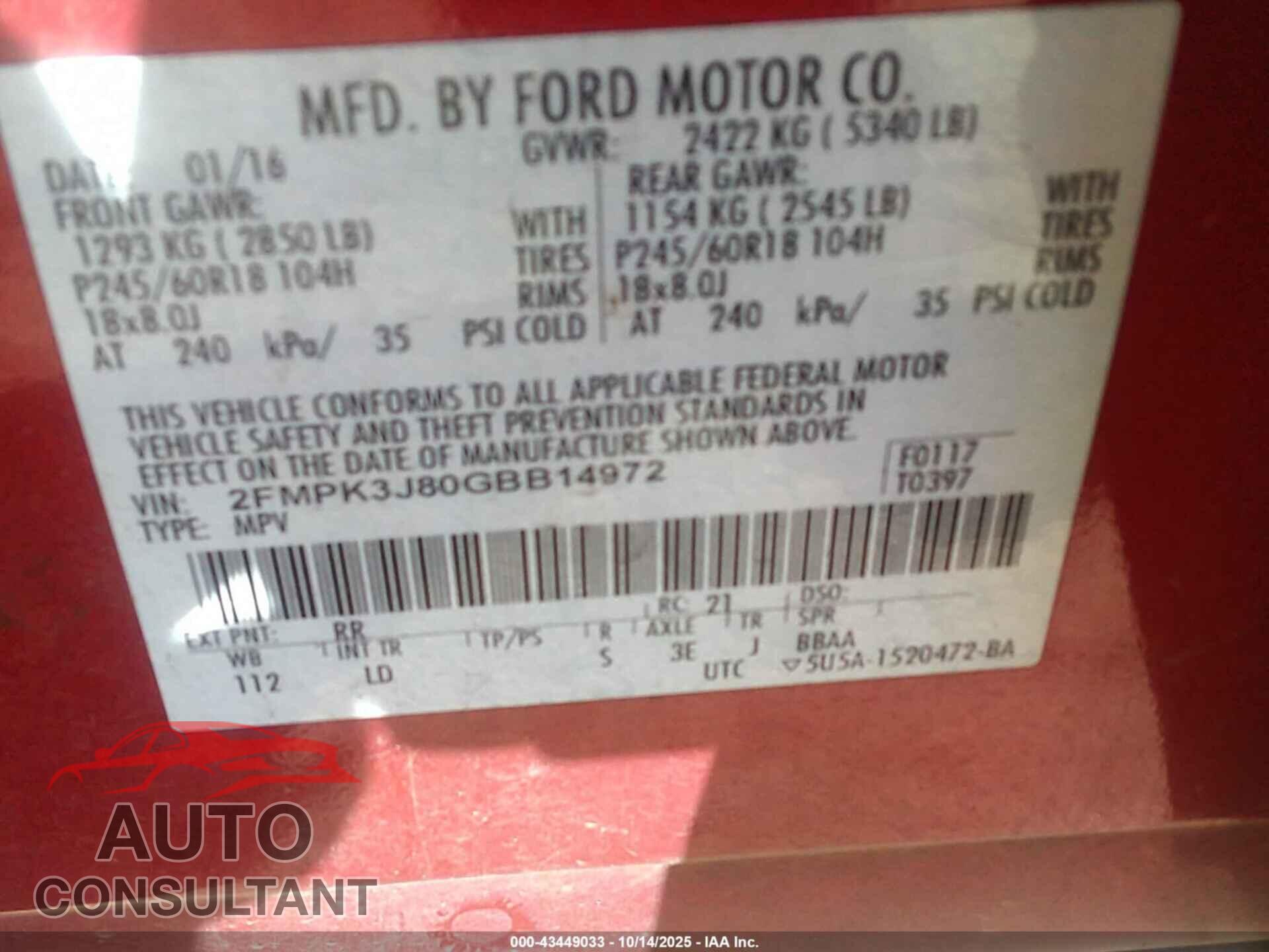 FORD EDGE 2016 - 2FMPK3J80GBB14972