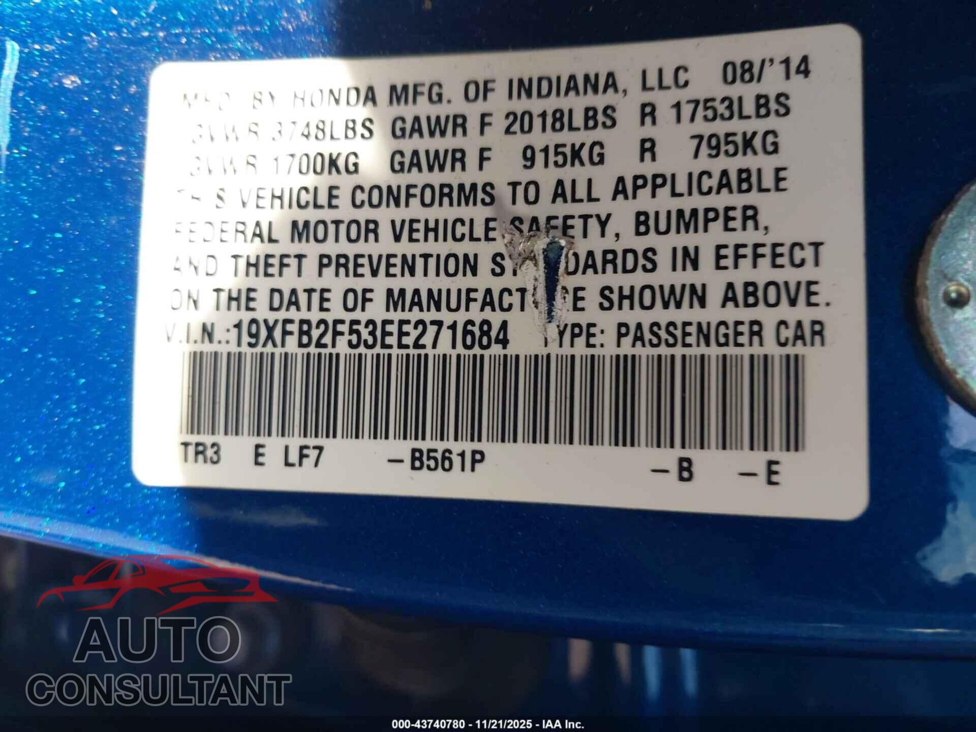 HONDA CIVIC 2014 - 19XFB2F53EE271684