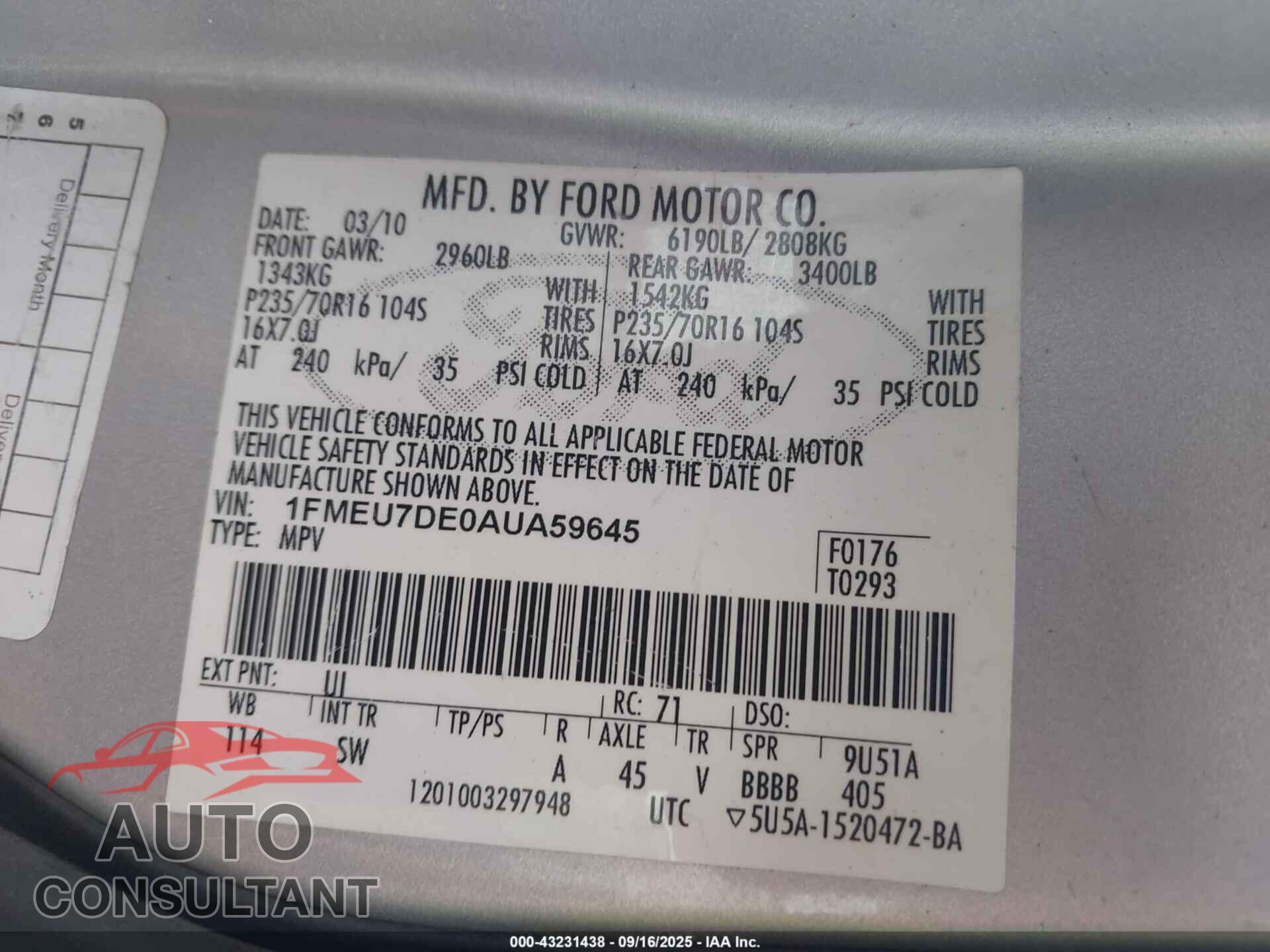 FORD EXPLORER 2010 - 1FMEU7DE0AUA59645