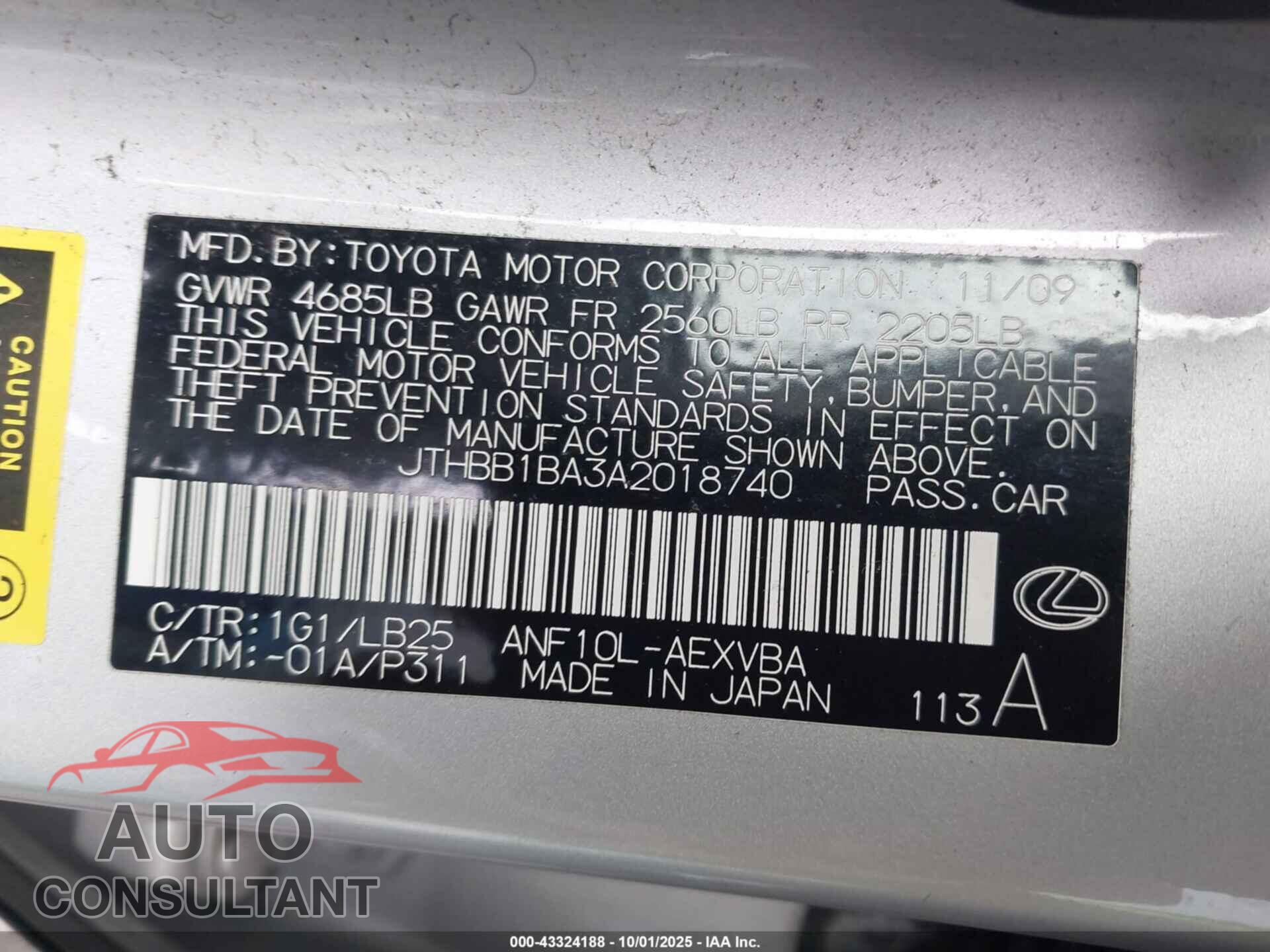 LEXUS HS 250H 2010 - JTHBB1BA3A2018740