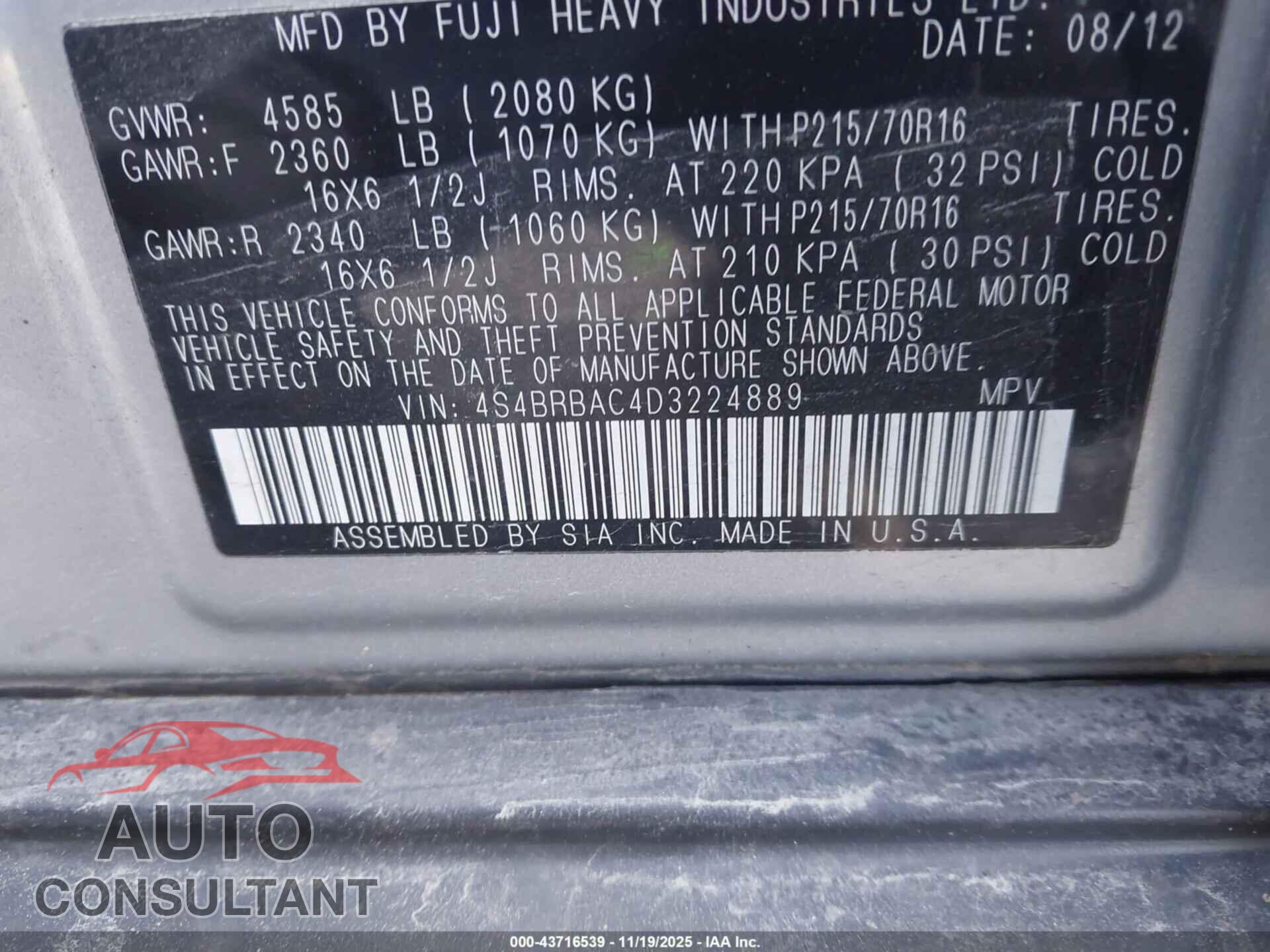 SUBARU OUTBACK 2013 - 4S4BRBAC4D3224889