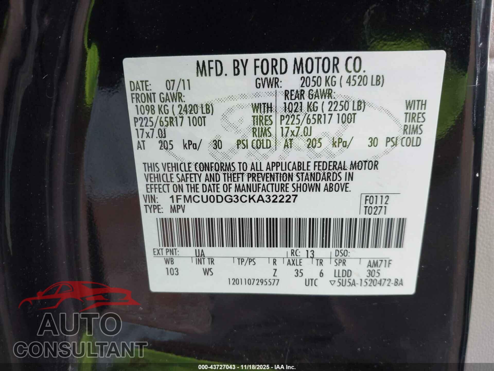 FORD ESCAPE 2012 - 1FMCU0DG3CKA32227