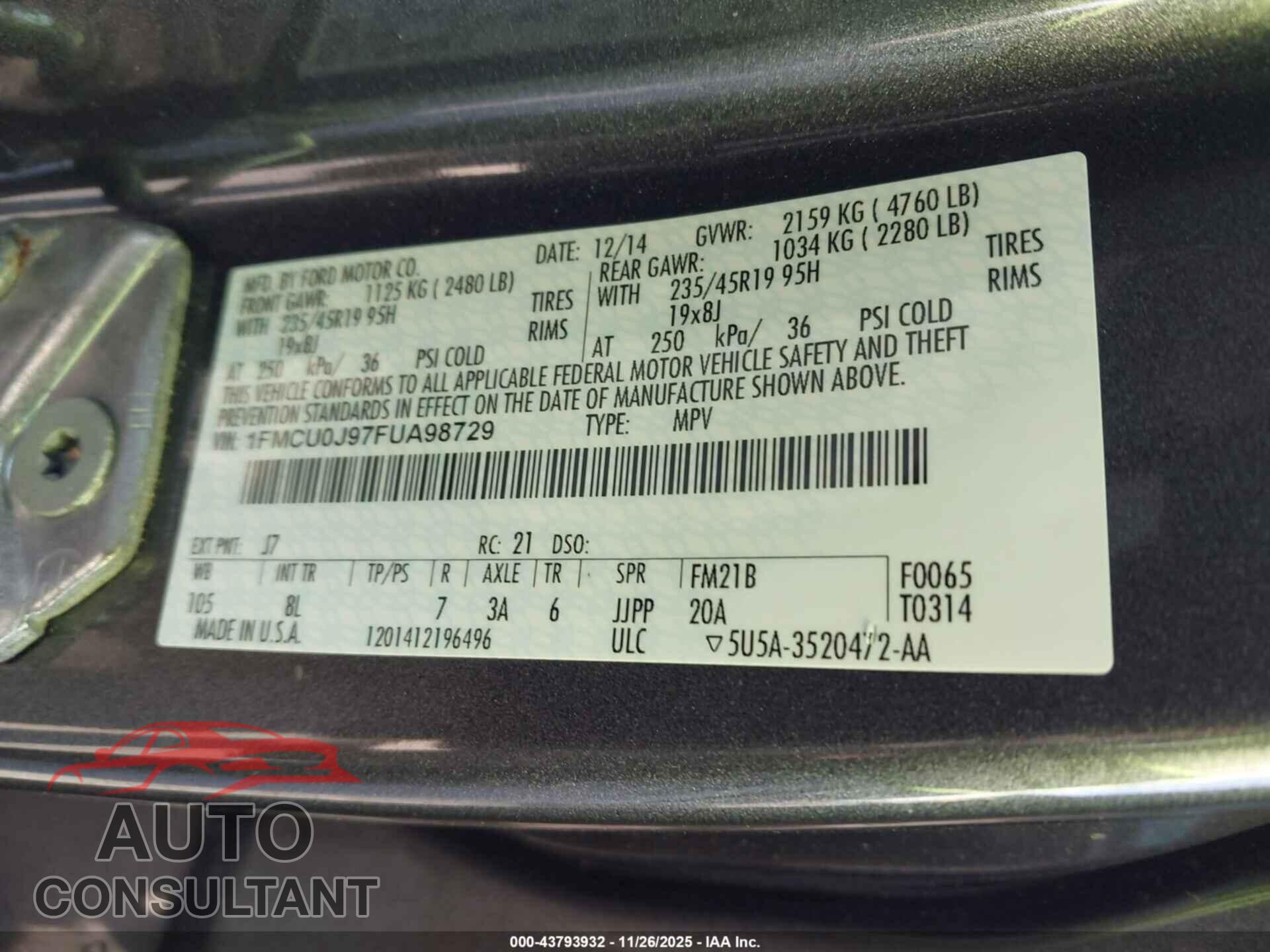 FORD ESCAPE 2015 - 1FMCU0J97FUA98729