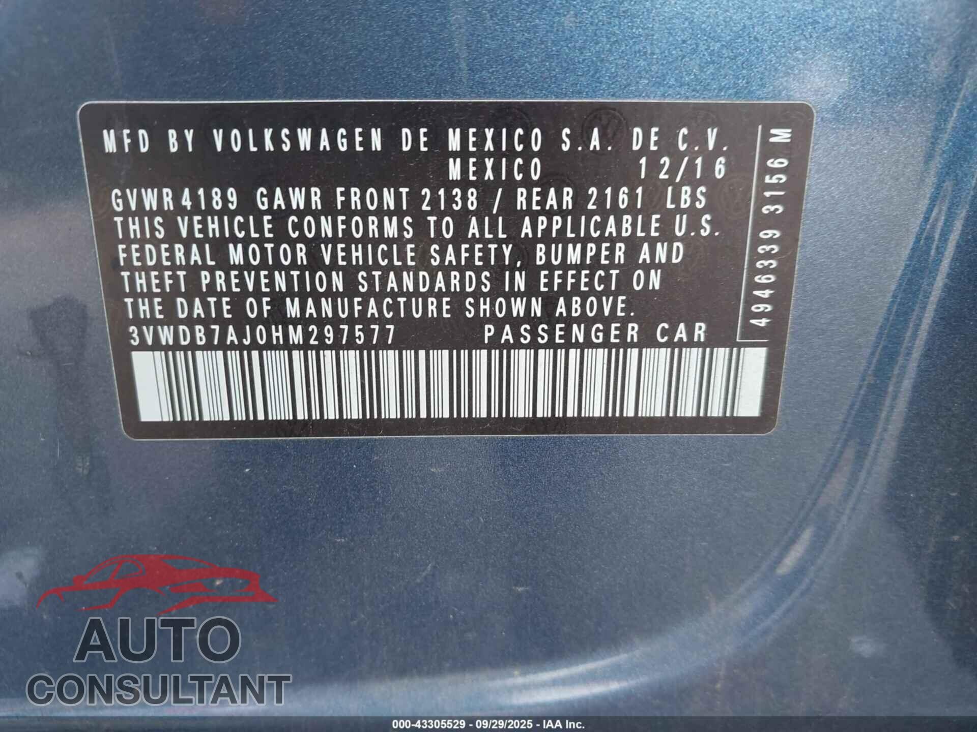 VOLKSWAGEN JETTA 2017 - 3VWDB7AJ0HM297577