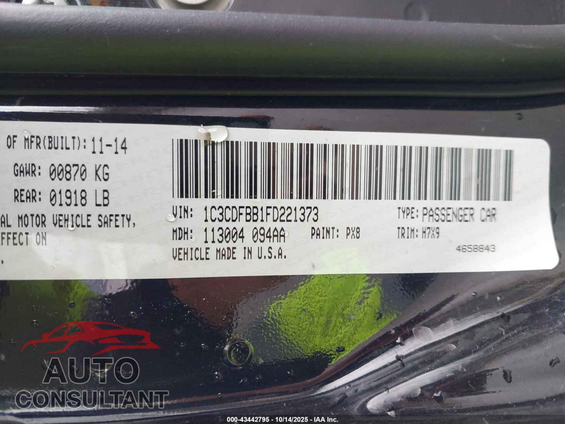 DODGE DART 2015 - 1C3CDFBB1FD221373