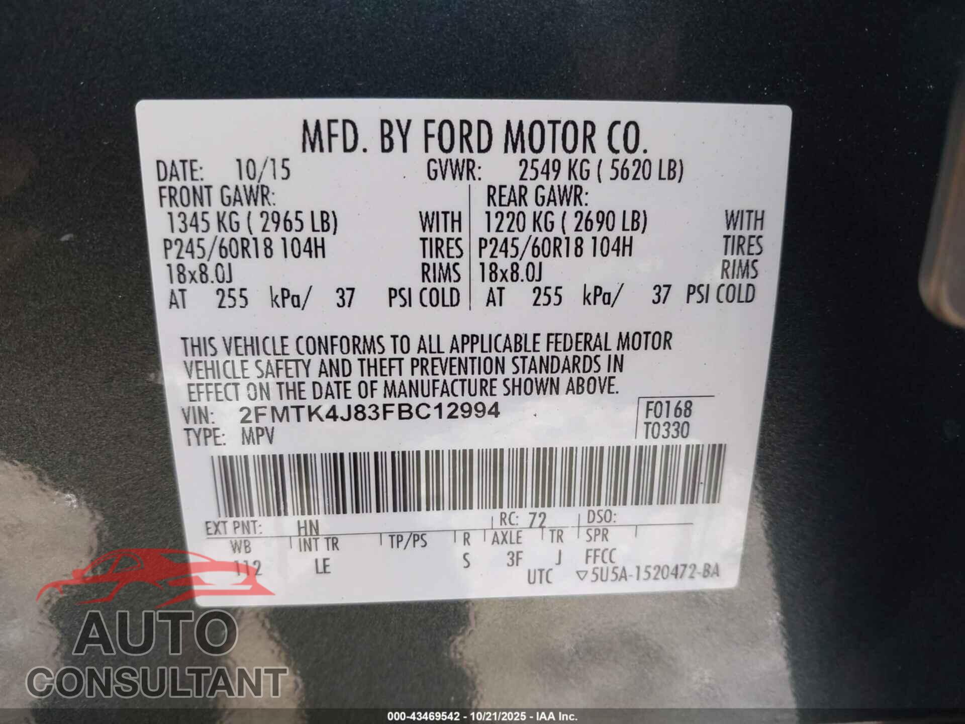 FORD EDGE 2015 - 2FMTK4J83FBC12994