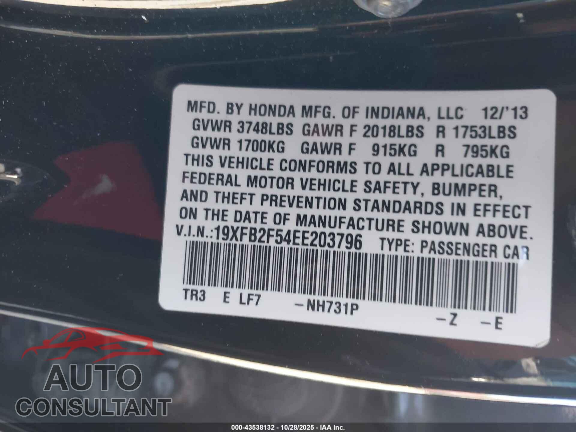 HONDA CIVIC 2014 - 19XFB2F54EE203796