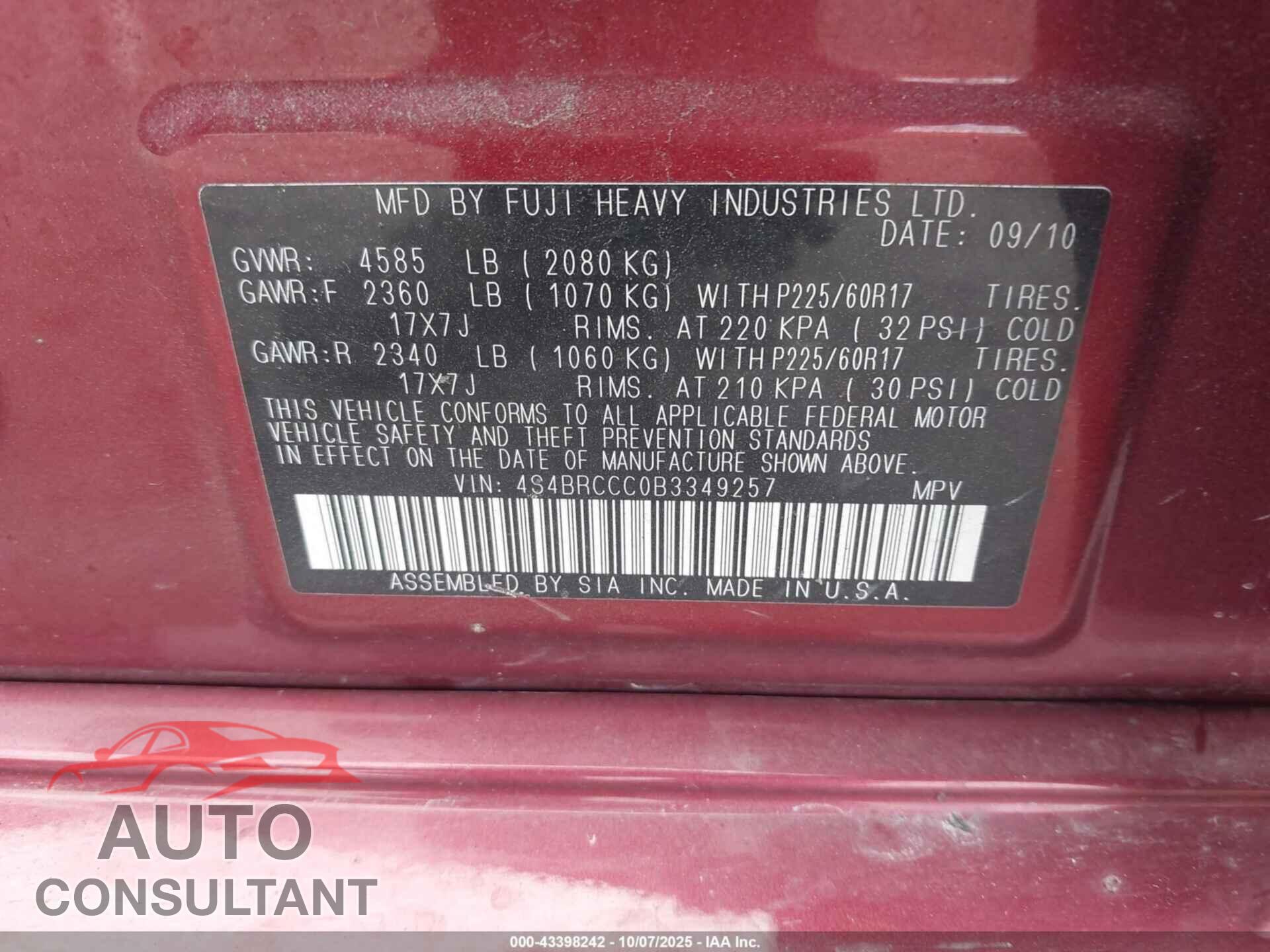 SUBARU OUTBACK 2011 - 4S4BRCCC0B3349257