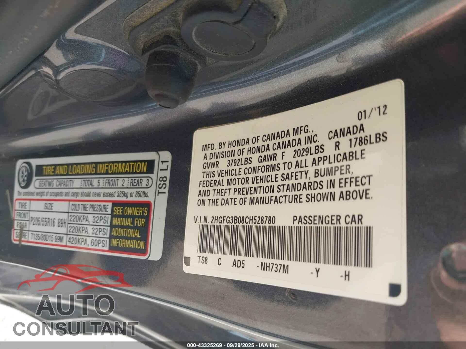 HONDA CIVIC 2012 - 2HGFG3B08CH528780