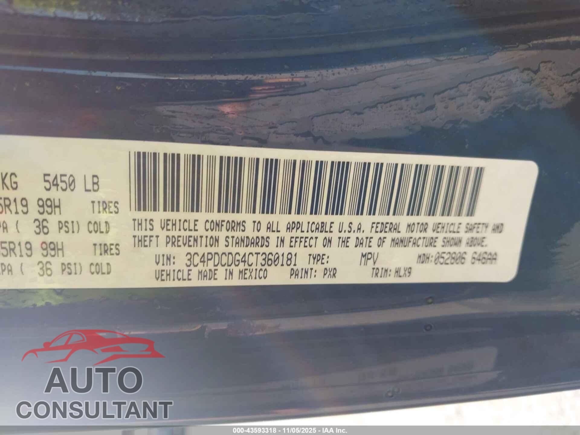 DODGE JOURNEY 2012 - 3C4PDCDG4CT360181