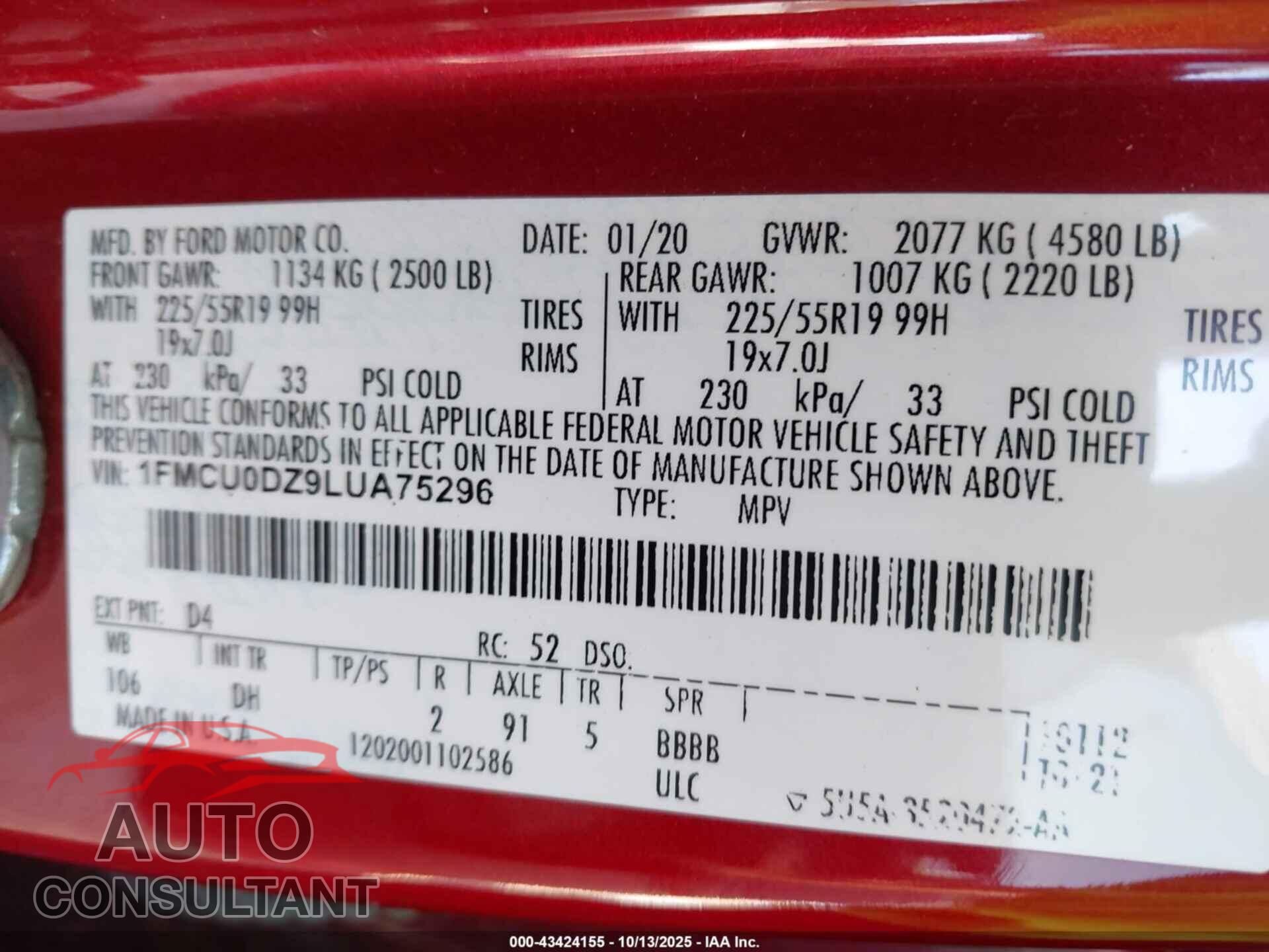 FORD ESCAPE 2020 - 1FMCU0DZ9LUA75296