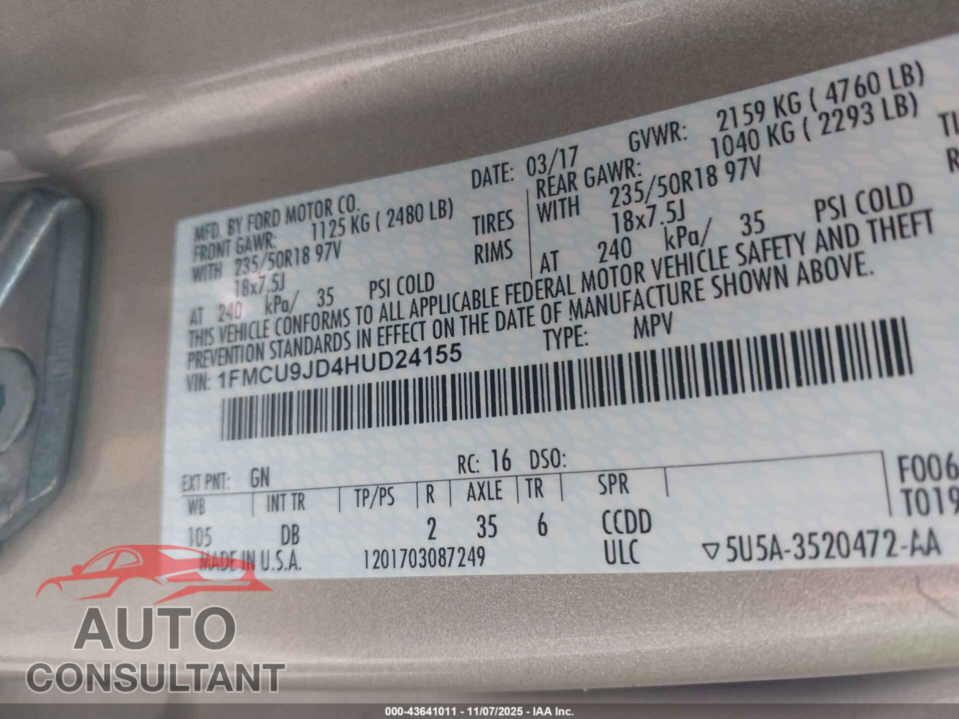 FORD ESCAPE 2017 - 1FMCU9JD4HUD24155