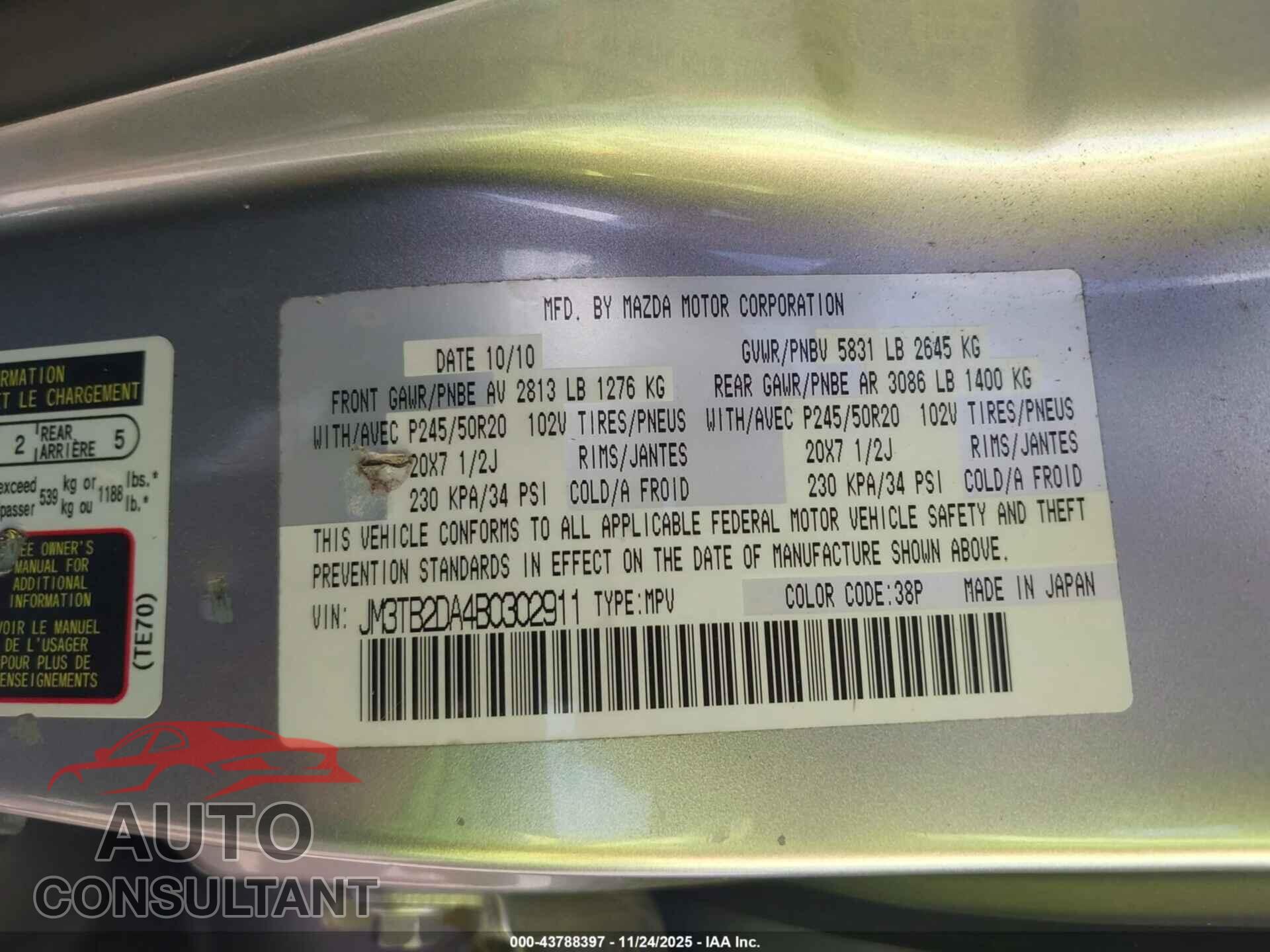MAZDA CX-9 2011 - JM3TB2DA4B0302911