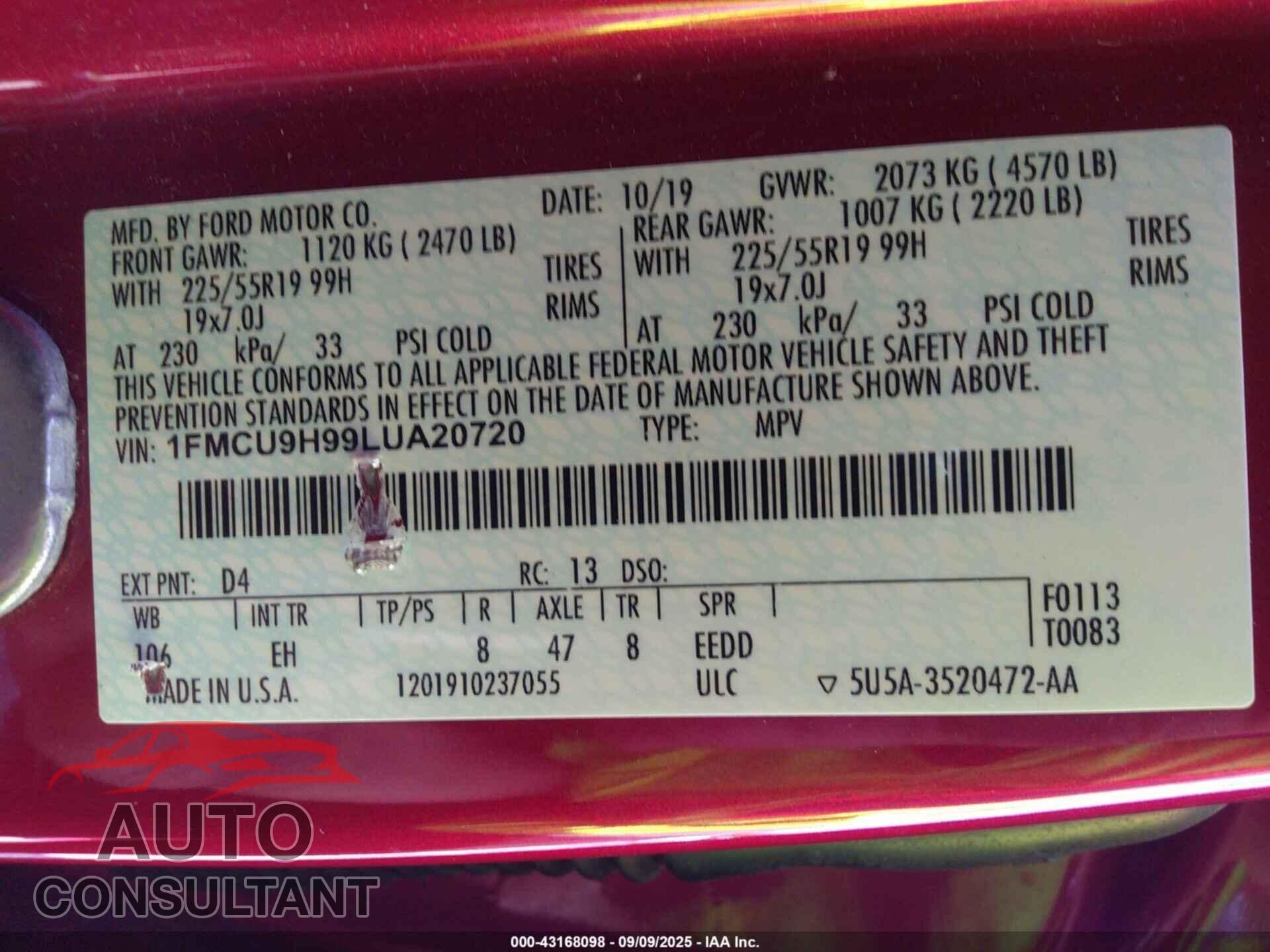 FORD ESCAPE 2020 - 1FMCU9H99LUA20720