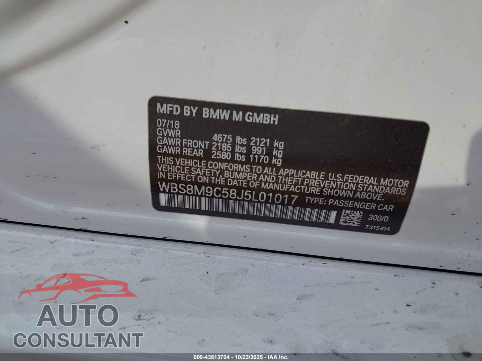 BMW M3 2018 - WBS8M9C58J5L01017