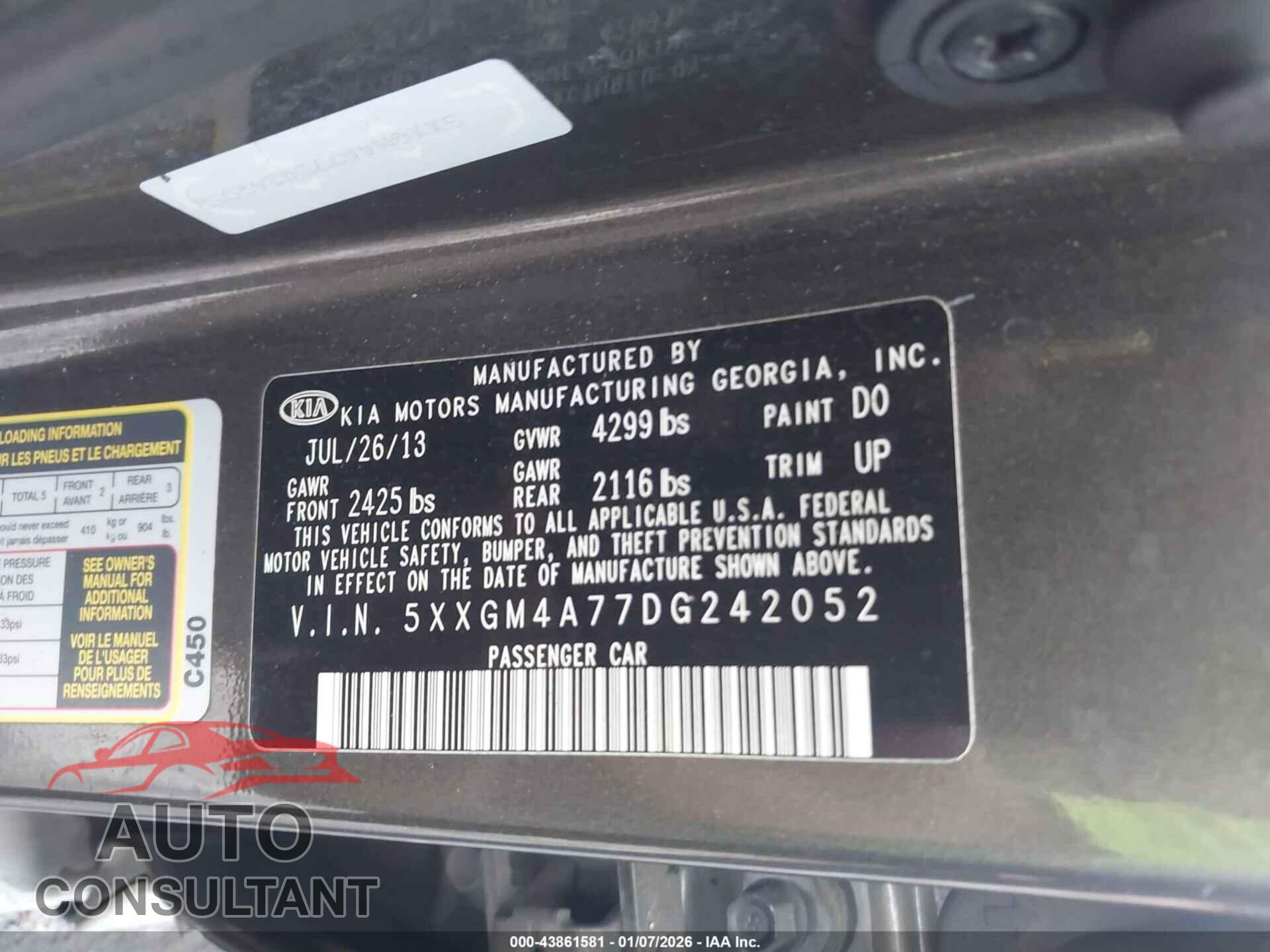 KIA OPTIMA 2013 - 5XXGM4A77DG242052