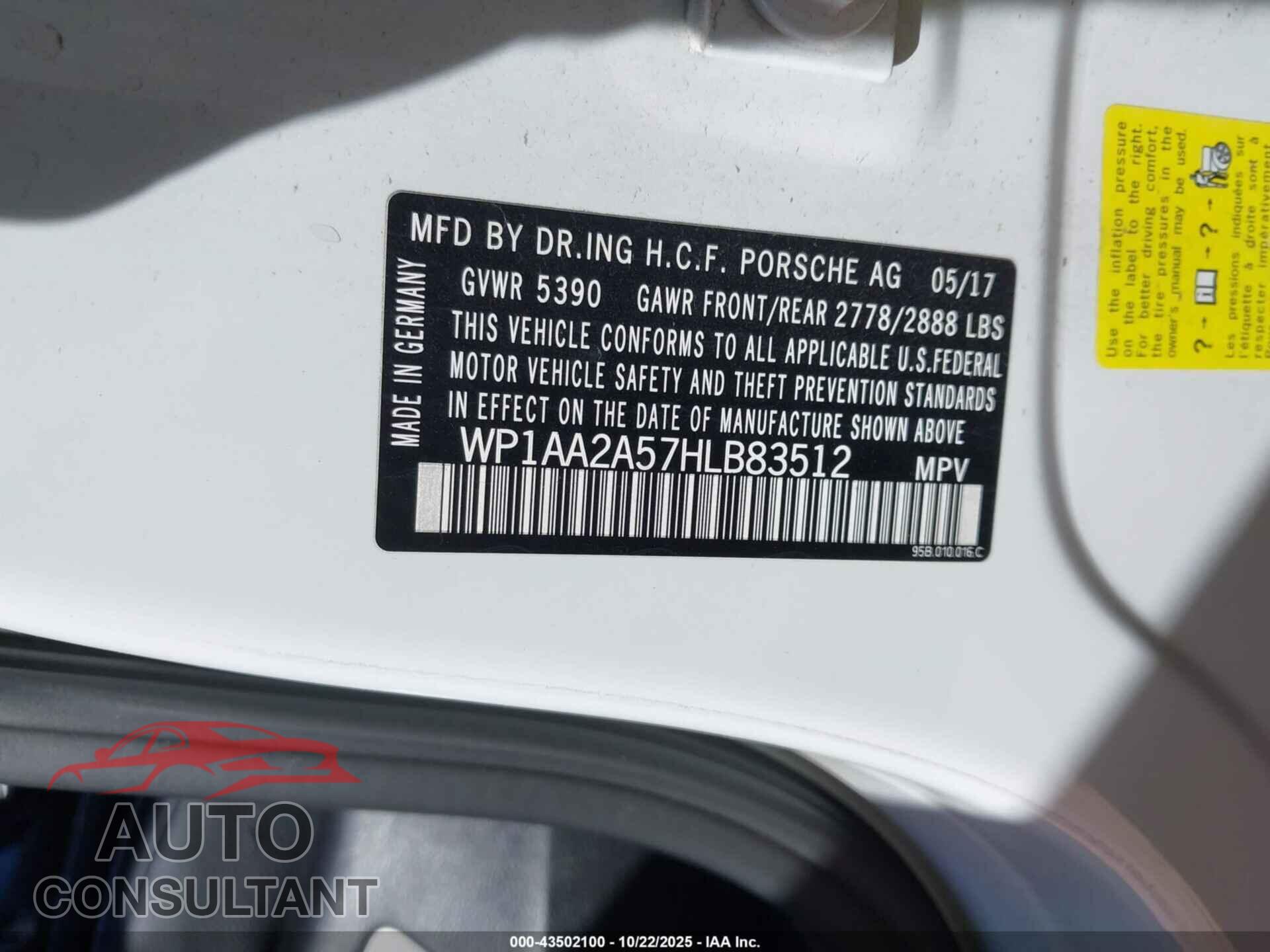 PORSCHE MACAN 2017 - WP1AA2A57HLB83512