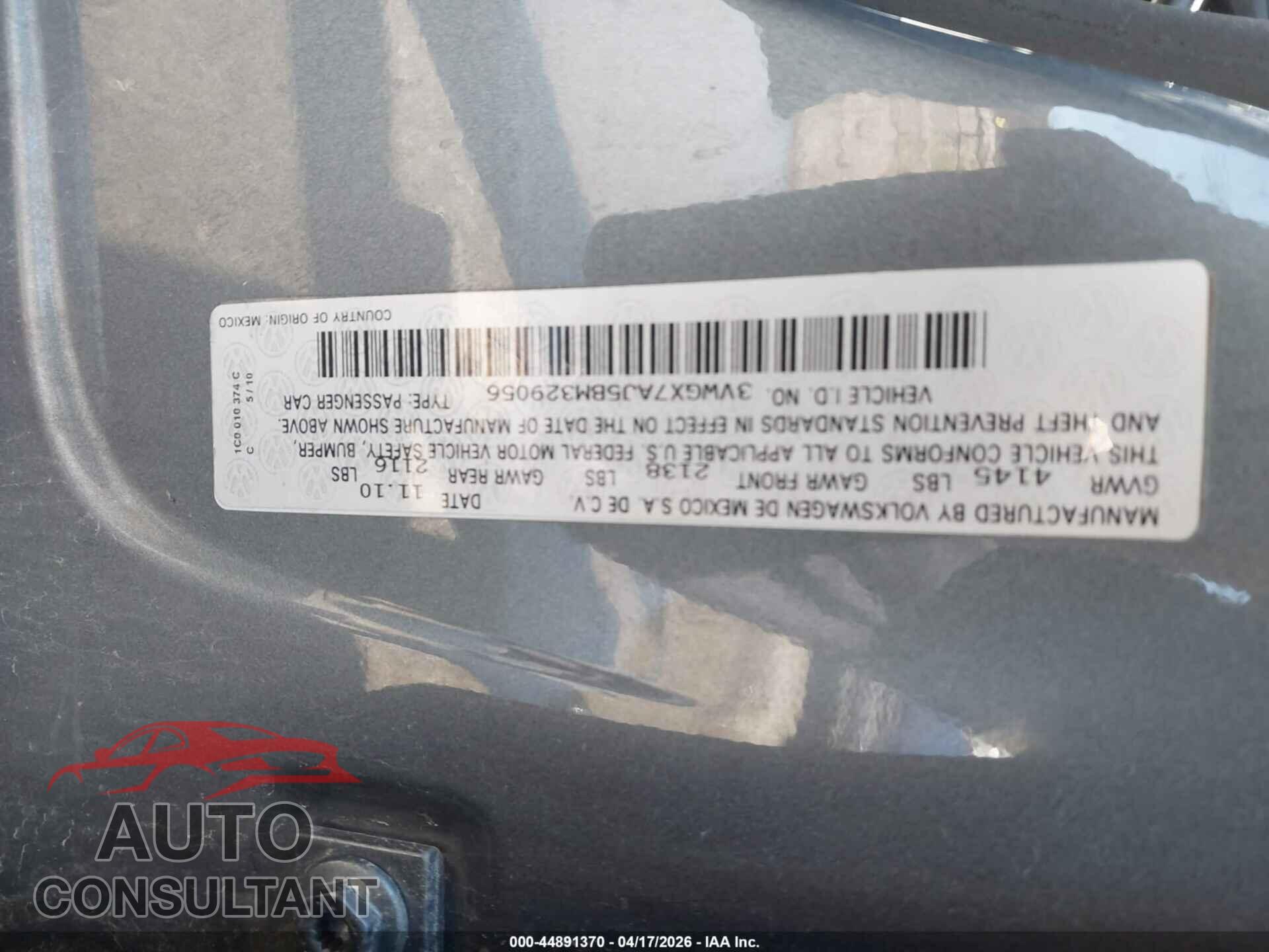 VOLKSWAGEN JETTA 2011 - 3VWGX7AJ5BM329056