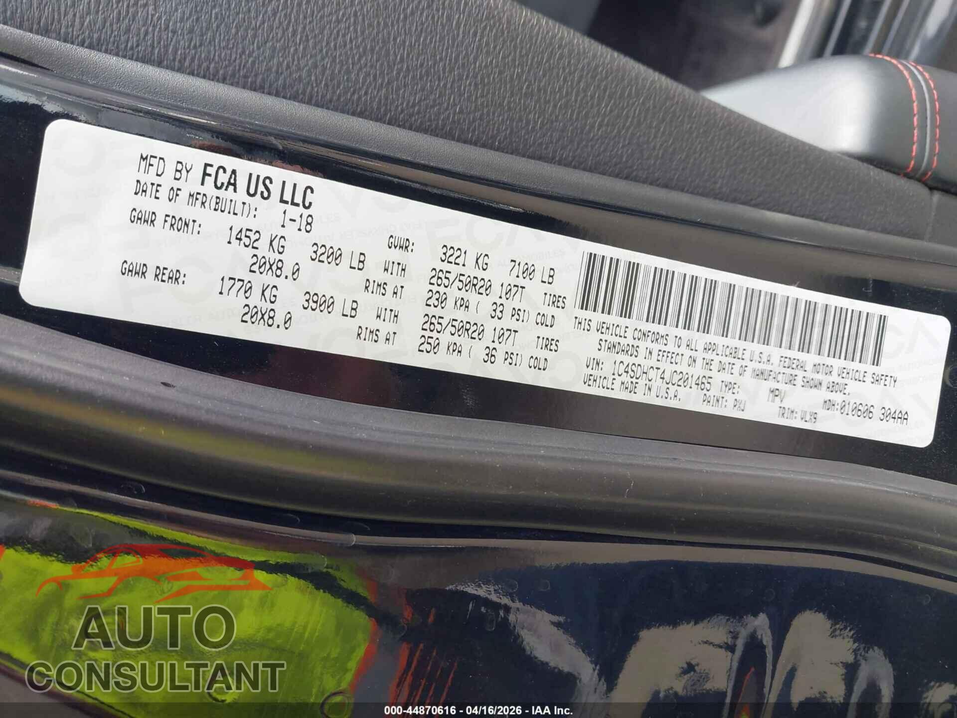 DODGE DURANGO 2018 - 1C4SDHCT4JC201465