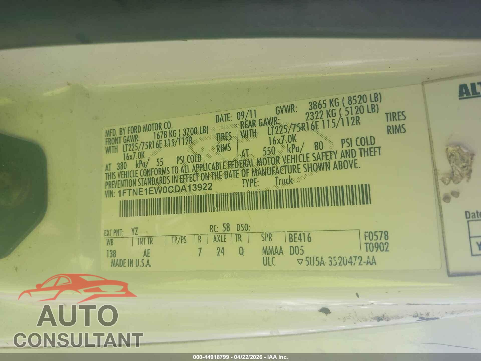 FORD E-150 2012 - 1FTNE1EW0CDA13922