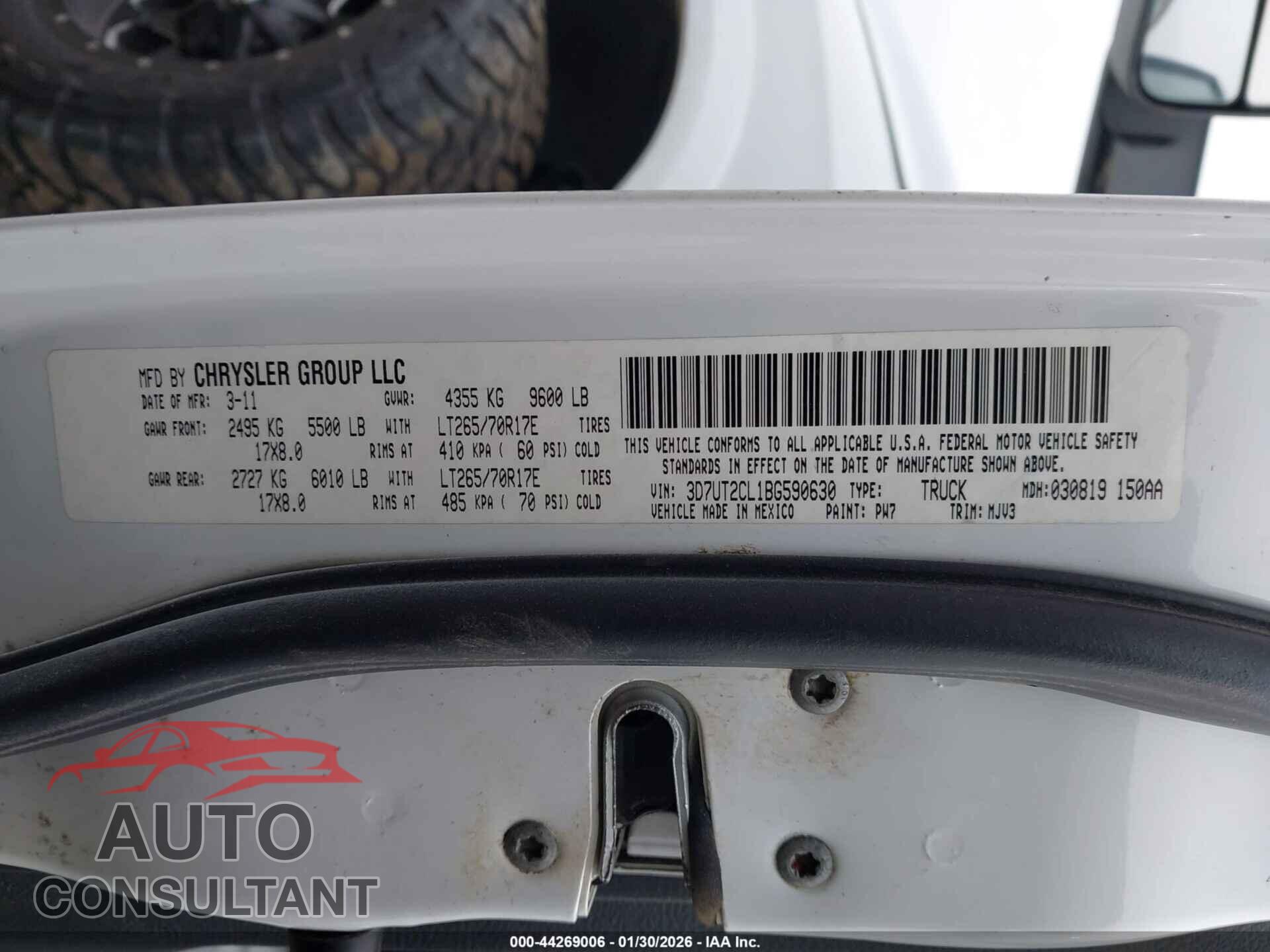 DODGE RAM 2500 2011 - 3D7UT2CL1BG590630