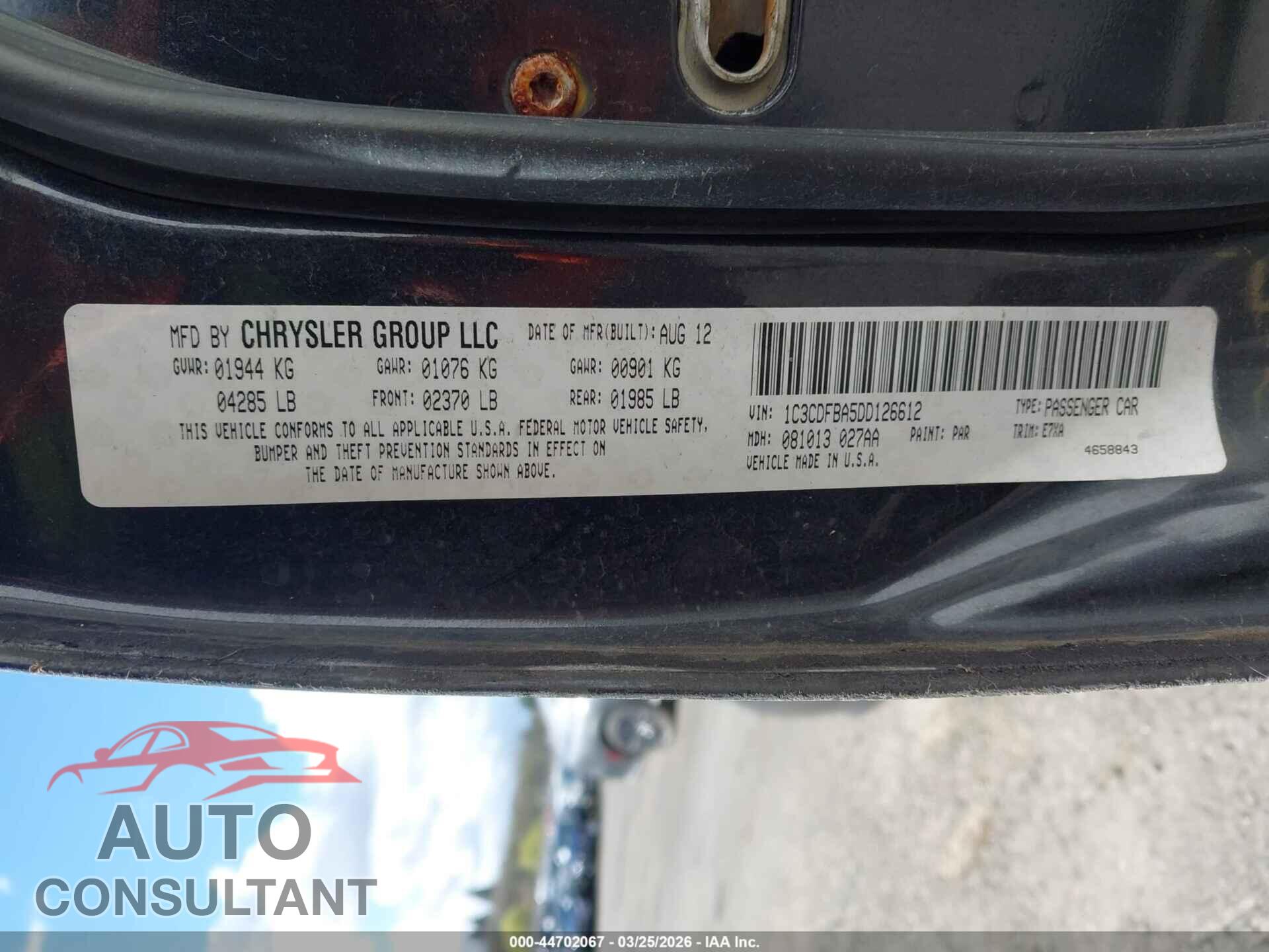 DODGE DART 2013 - 1C3CDFBA5DD126612