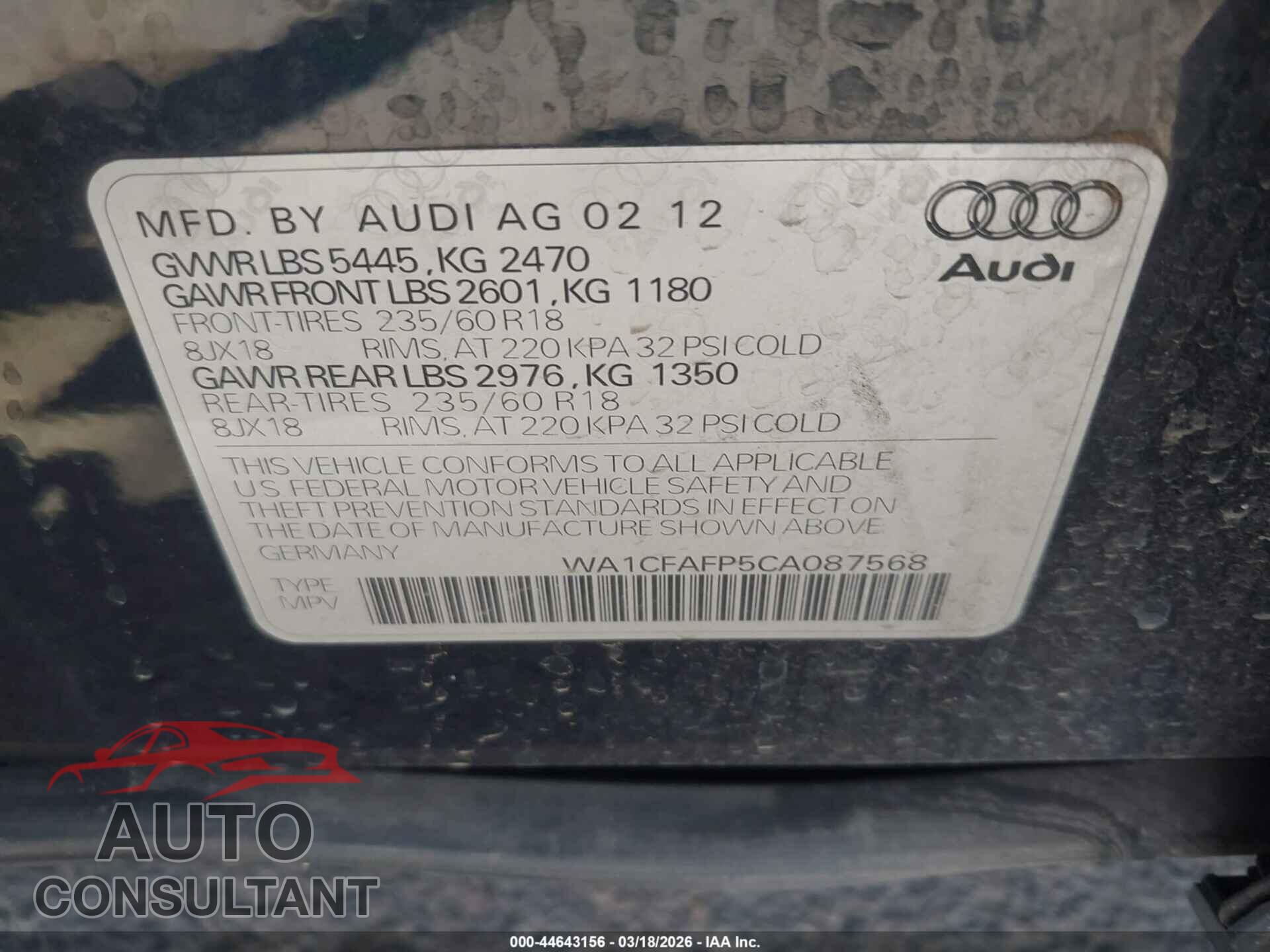 AUDI Q5 2012 - WA1CFAFP5CA087568