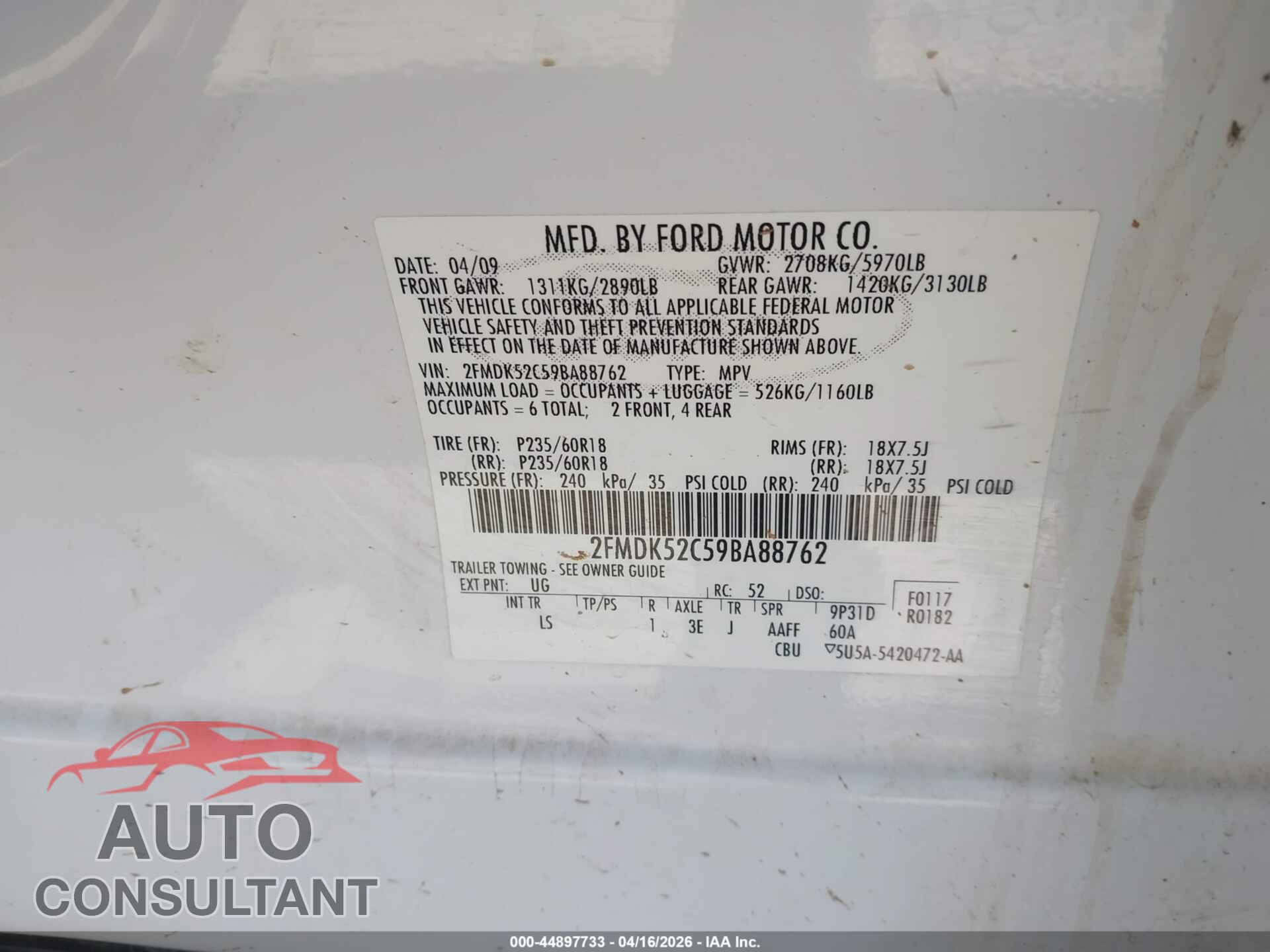 FORD FLEX 2009 - 2FMDK52C59BA88762