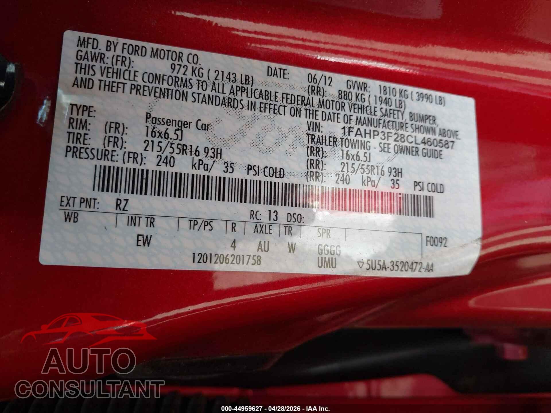 FORD FOCUS 2012 - 1FAHP3F28CL460587