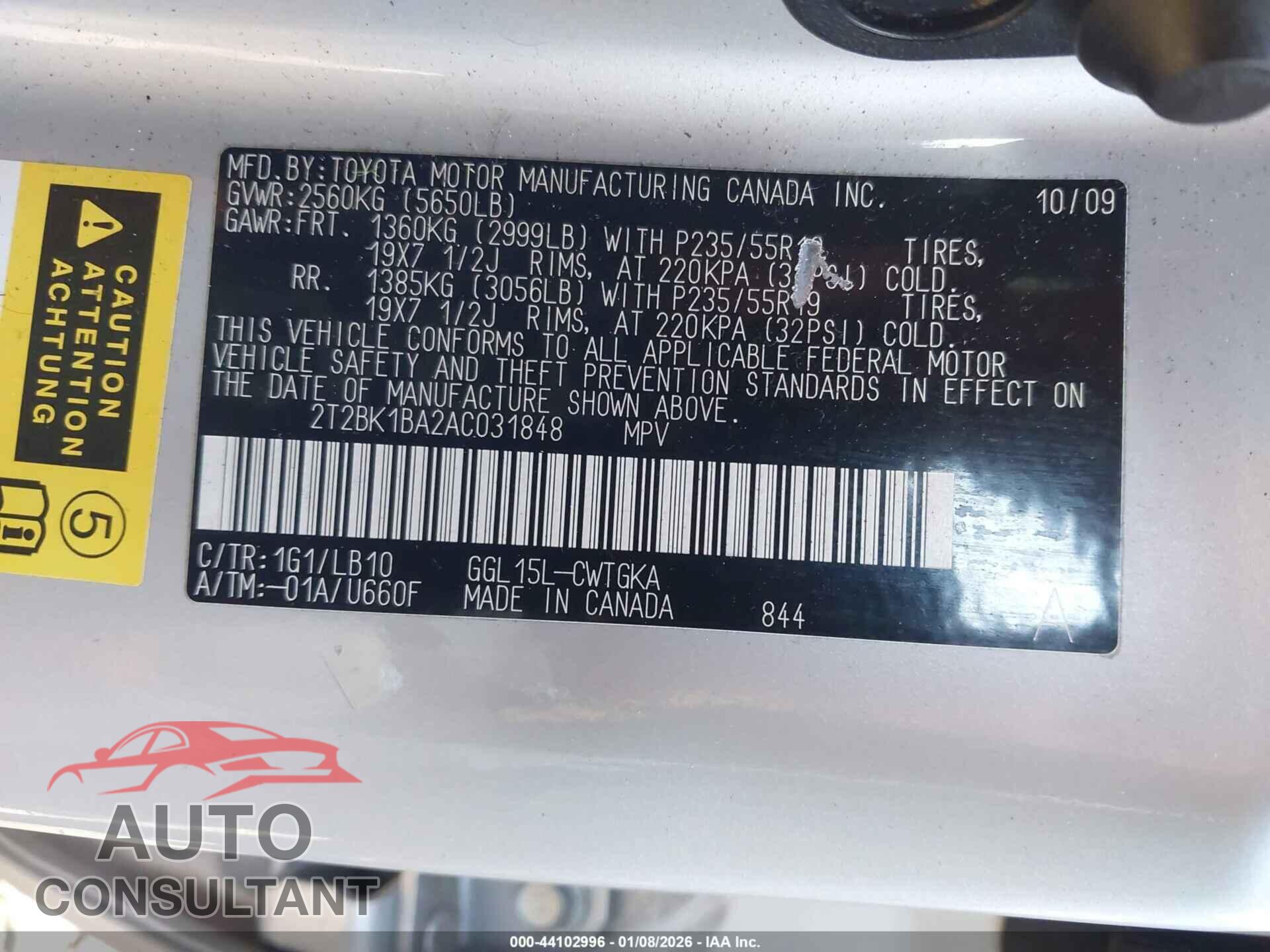 LEXUS RX 350 2010 - 2T2BK1BA2AC031848