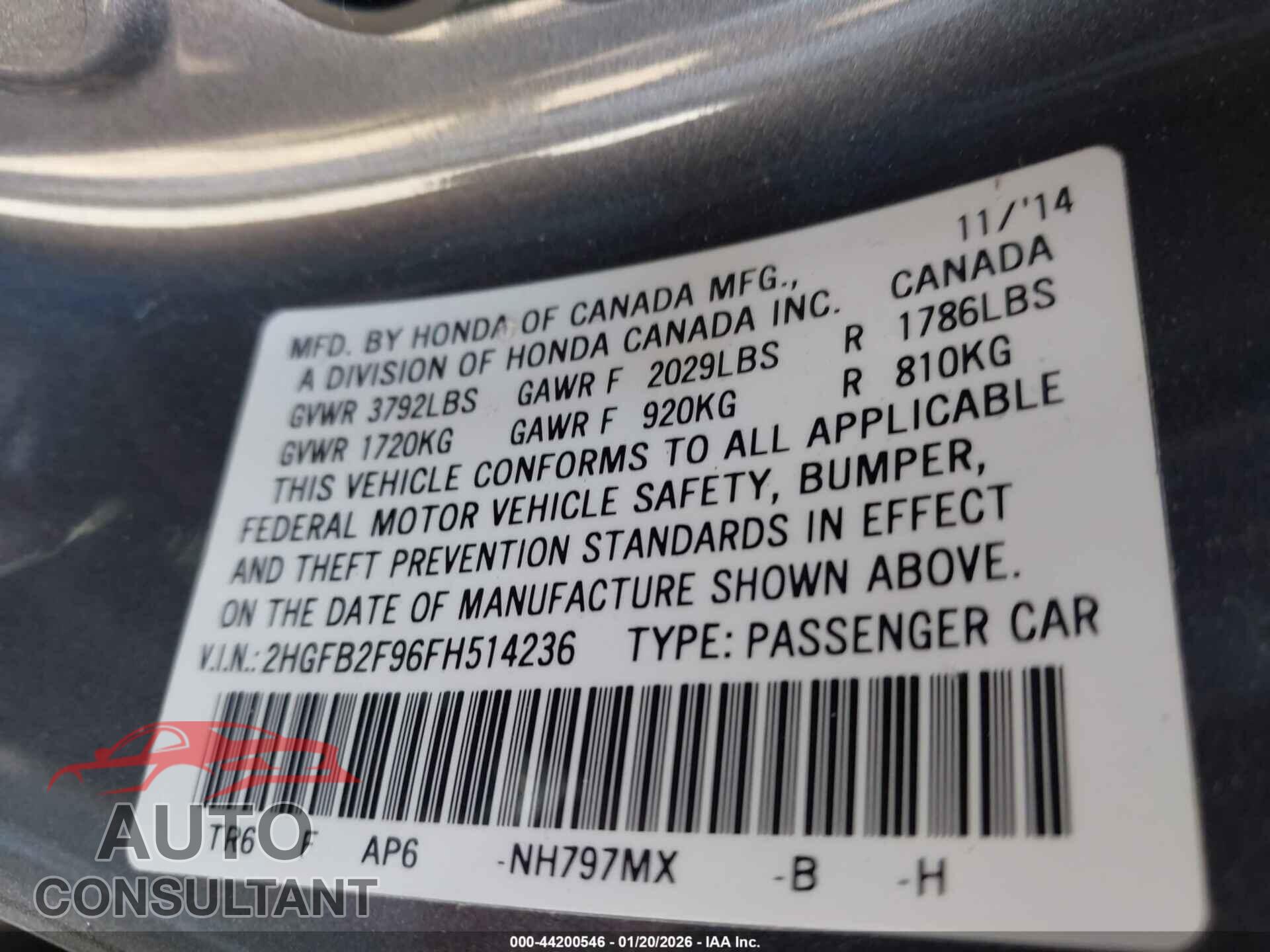 HONDA CIVIC 2015 - 2HGFB2F96FH514236