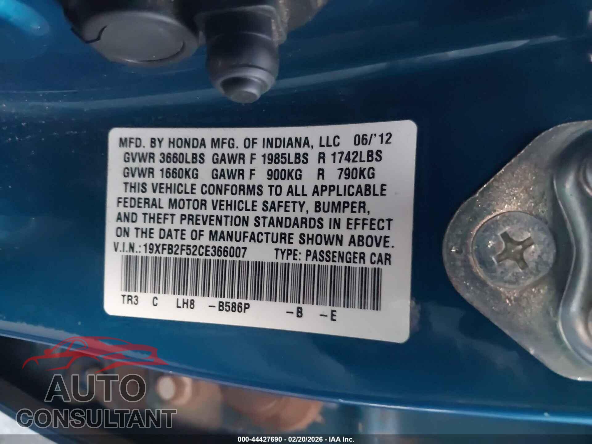 HONDA CIVIC 2012 - 19XFB2F52CE366007