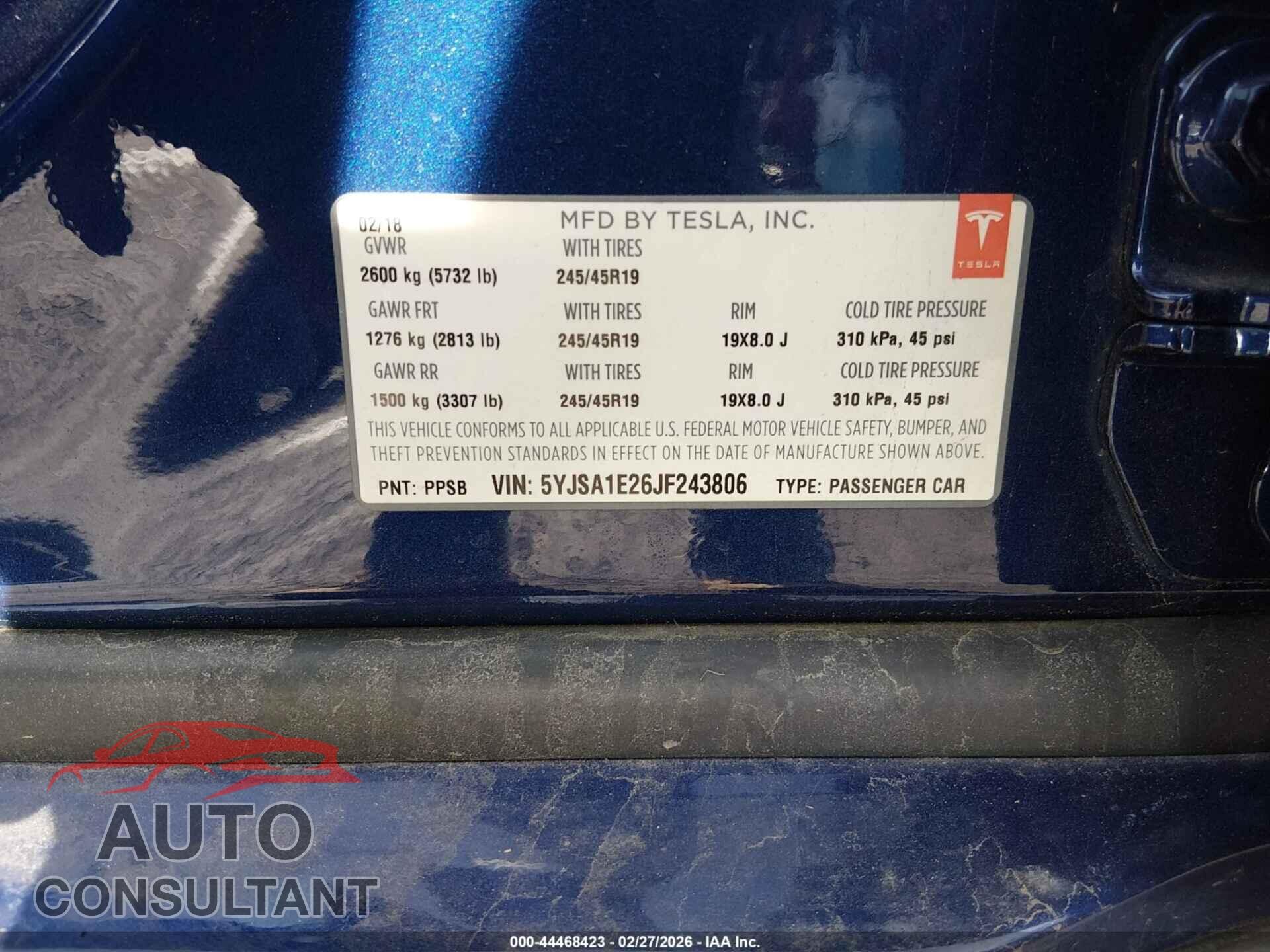 TESLA MODEL S 2018 - 5YJSA1E26JF243806