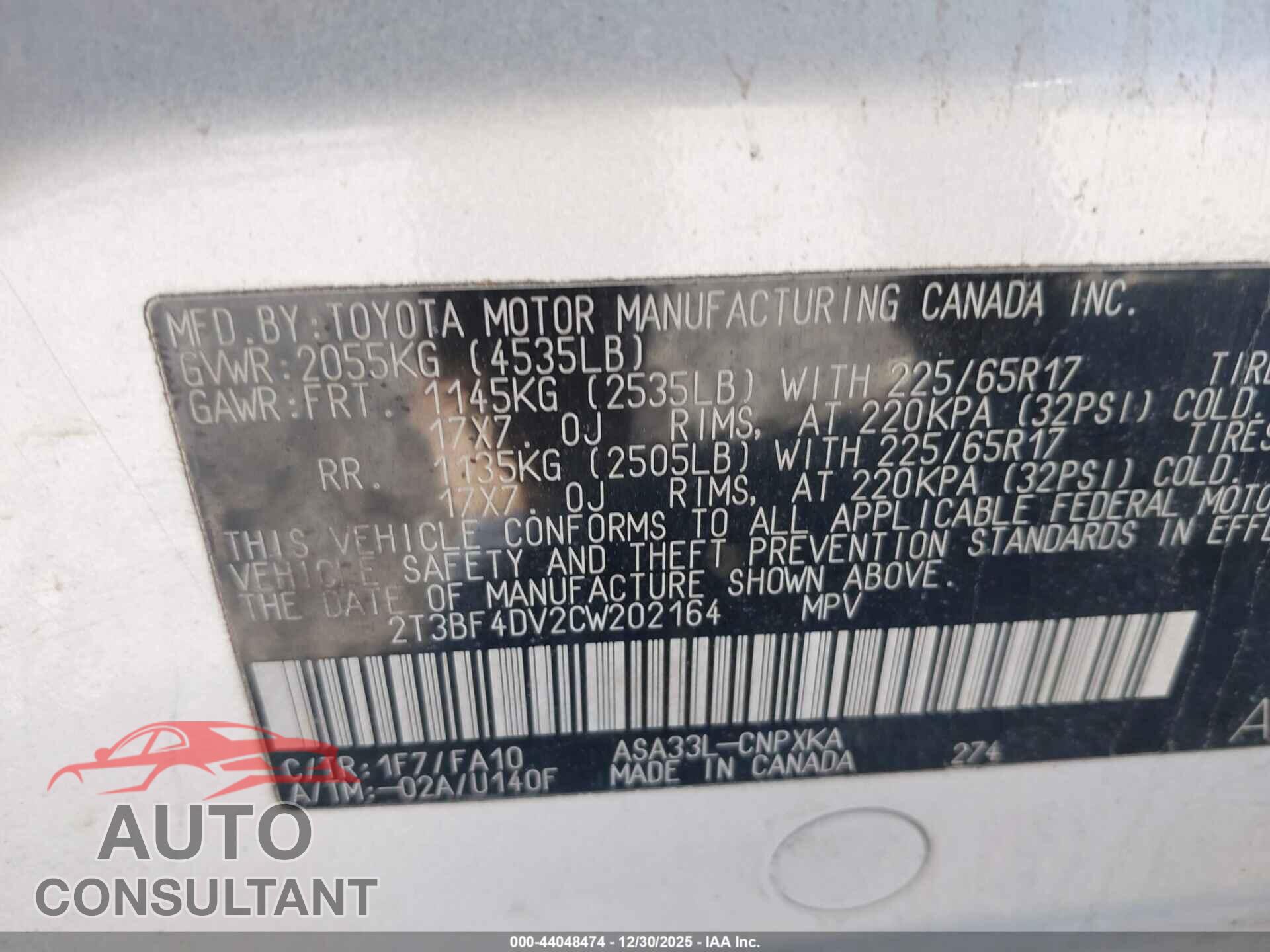 TOYOTA RAV4 2012 - 2T3BF4DV2CW202164
