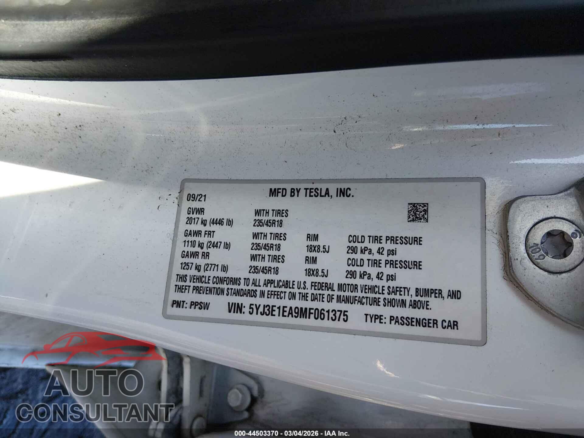 TESLA MODEL 3 2021 - 5YJ3E1EA9MF061375
