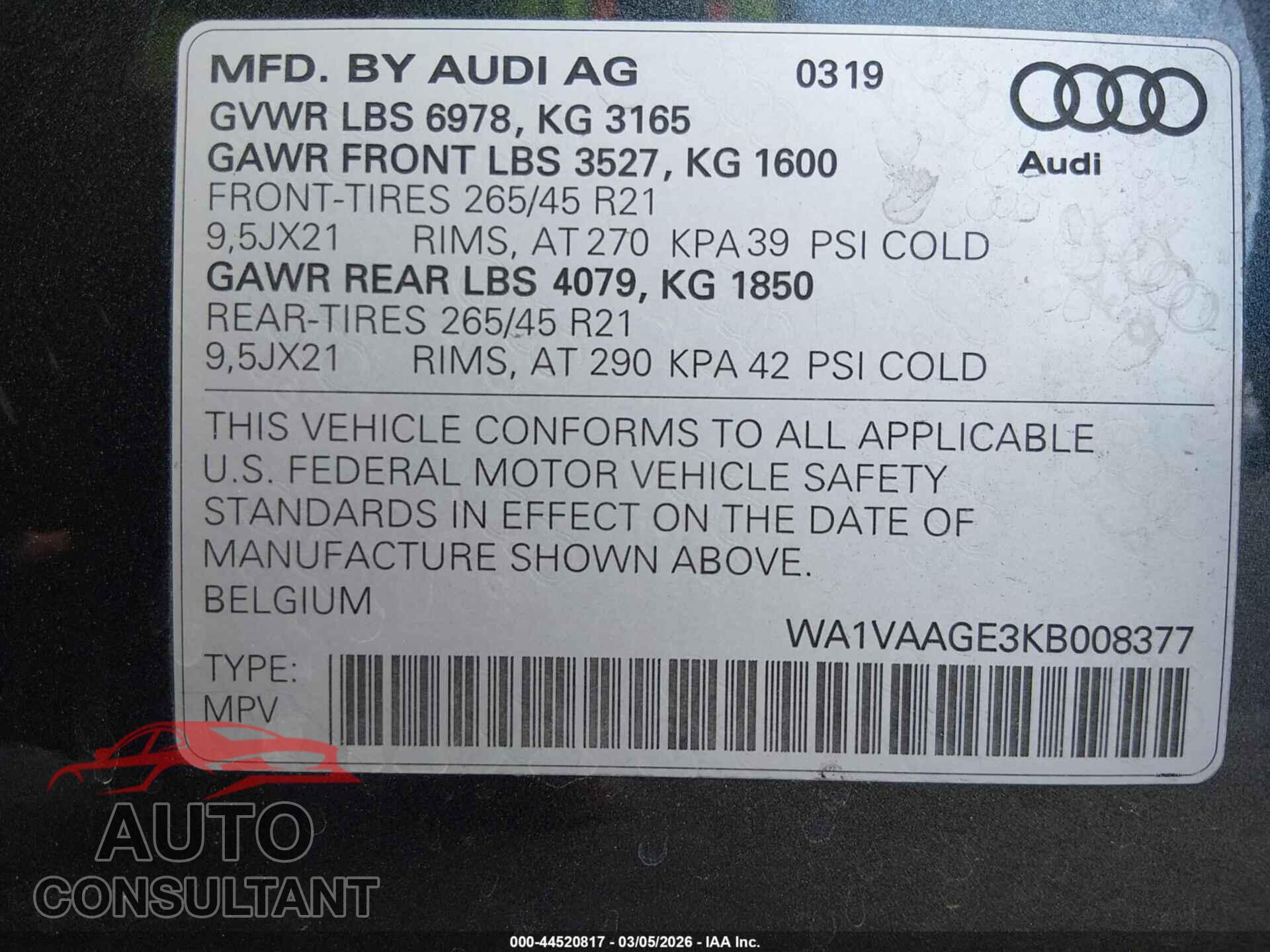 AUDI E-TRON 2019 - WA1VAAGE3KB008377