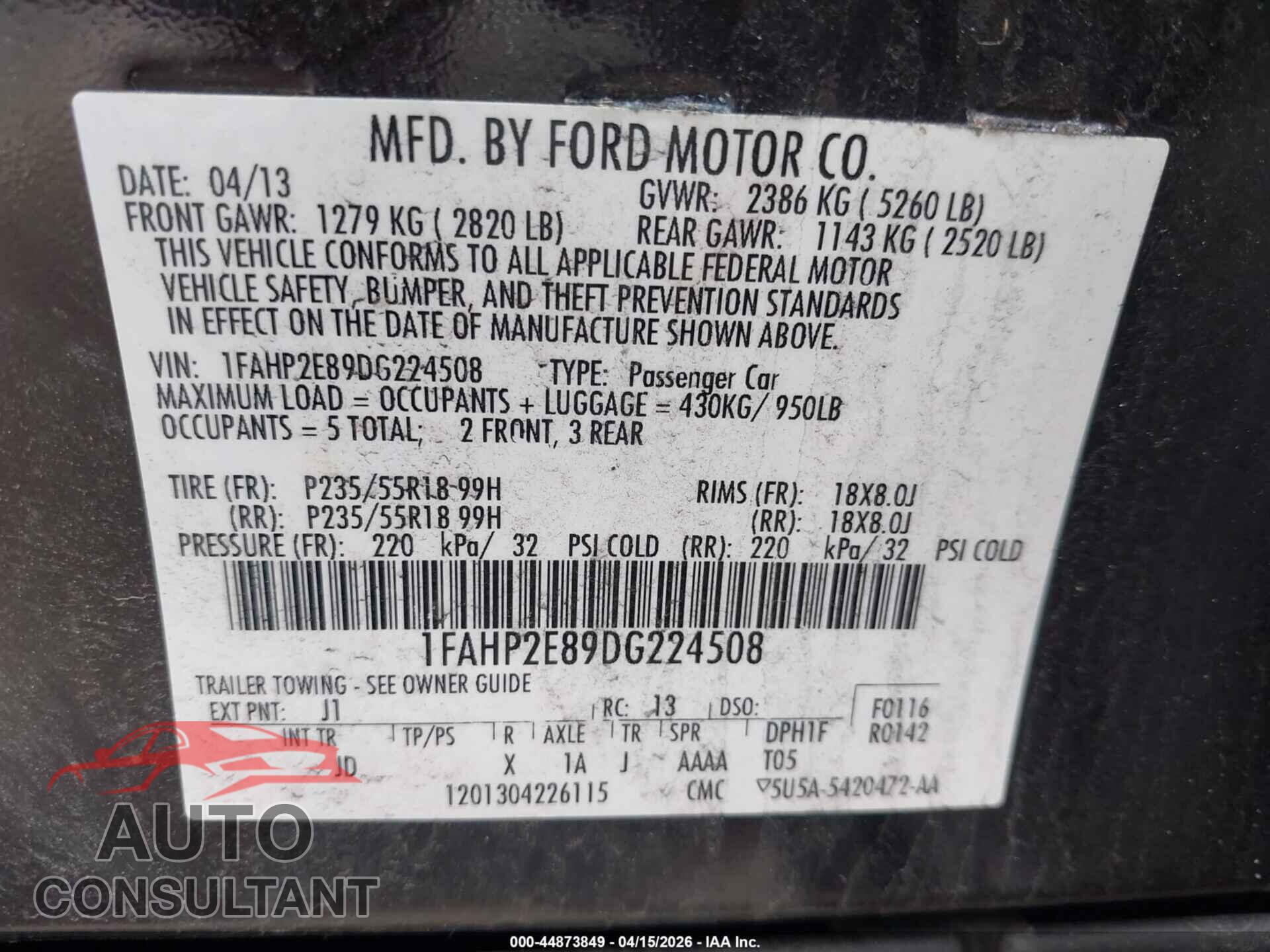 FORD TAURUS 2013 - 1FAHP2E89DG224508
