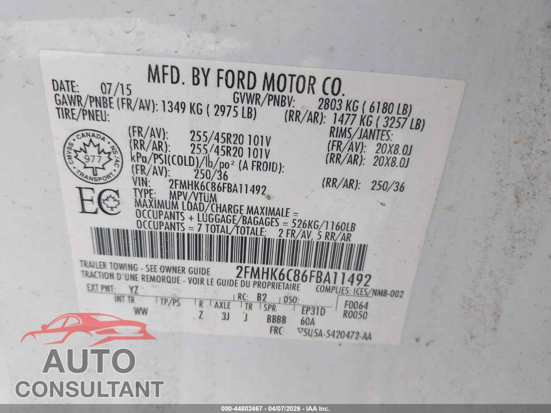 FORD FLEX 2015 - 2FMHK6C86FBA11492