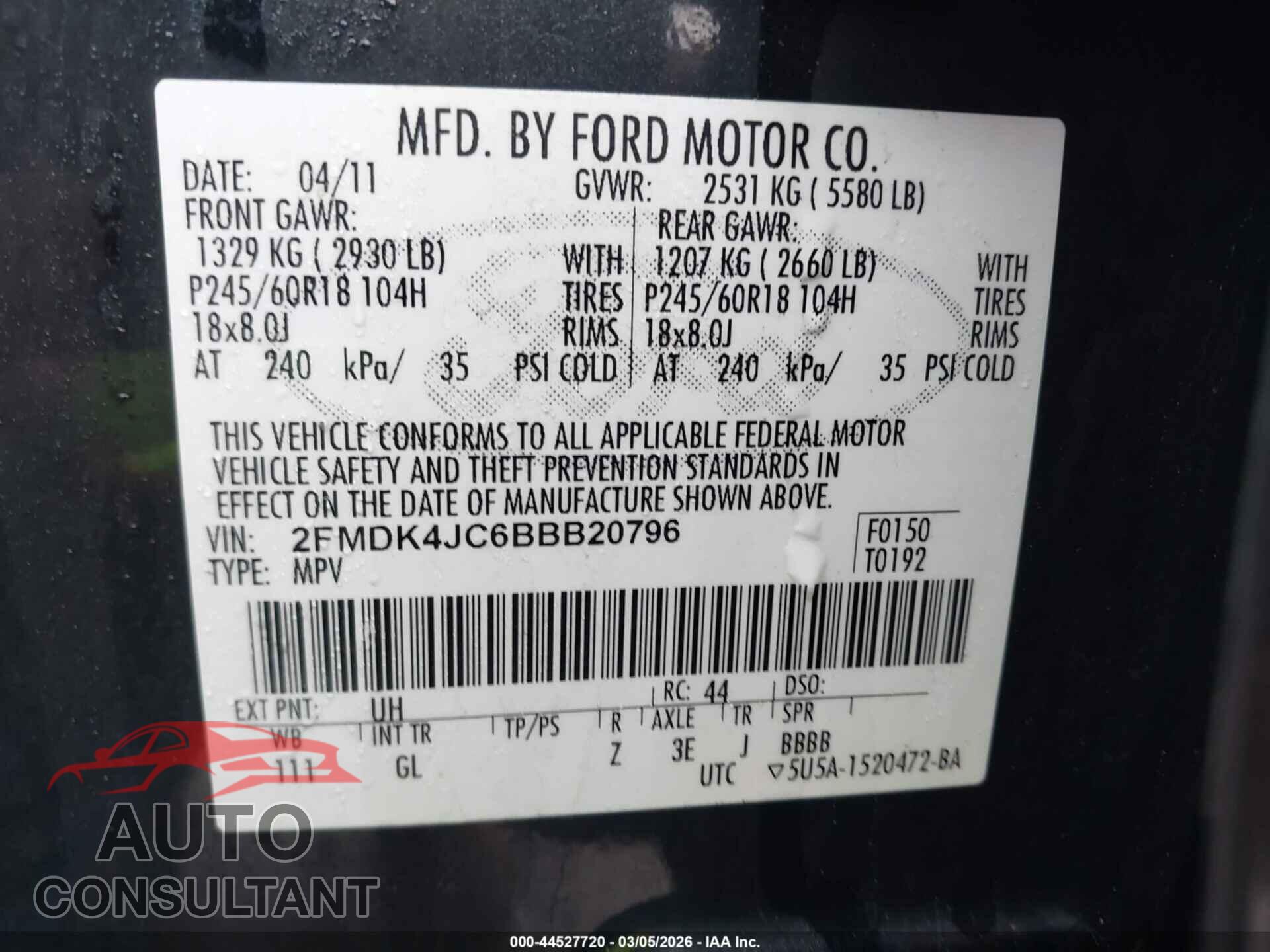 FORD EDGE 2011 - 2FMDK4JC6BBB20796