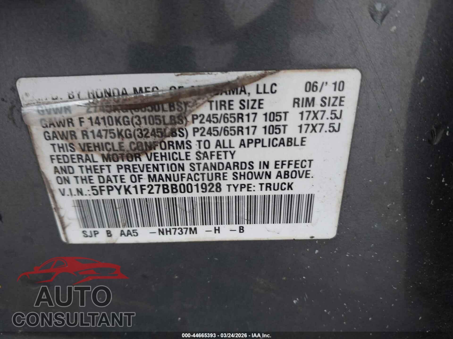 HONDA RIDGELINE 2011 - 5FPYK1F27BB001928