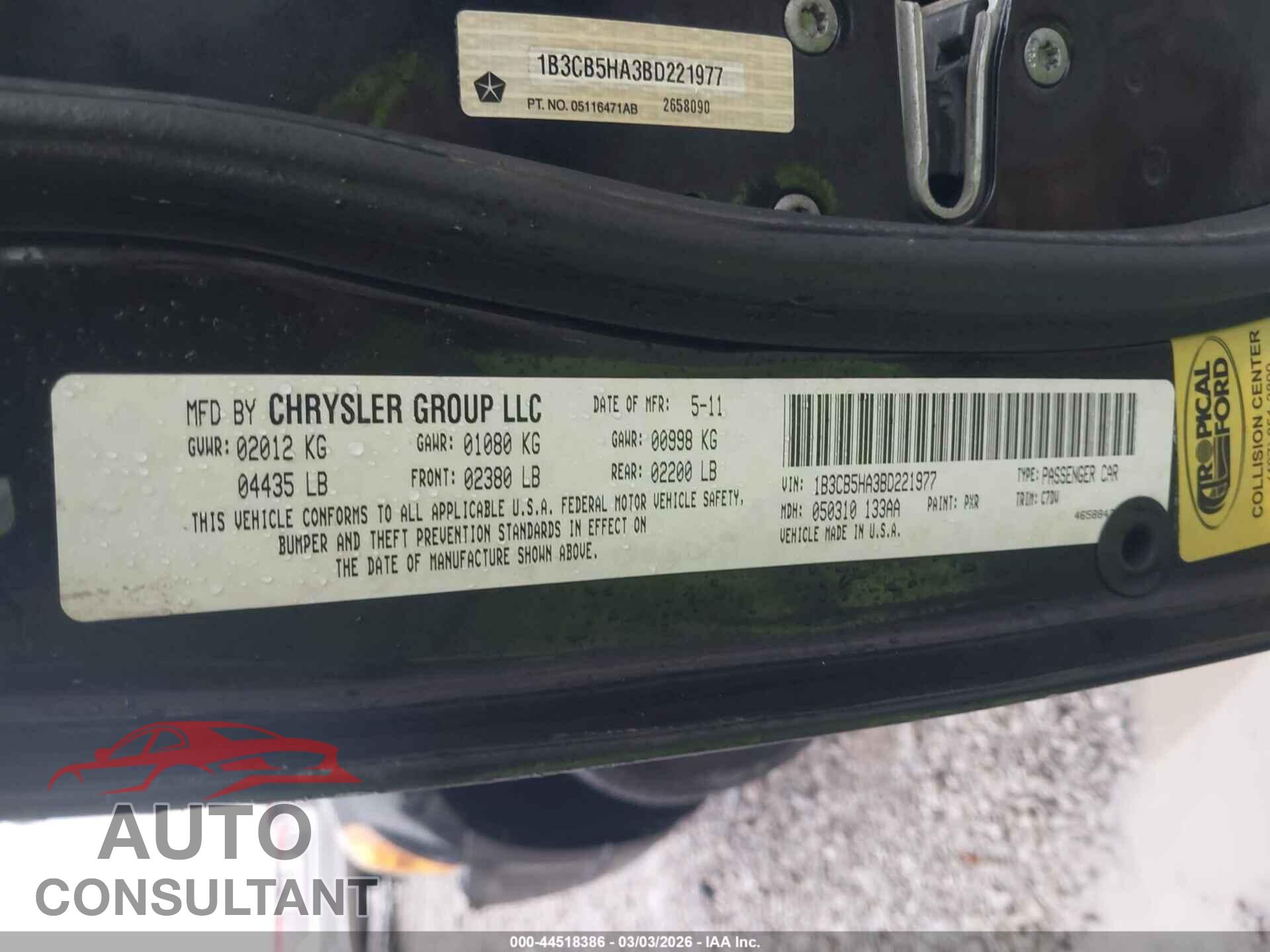 DODGE CALIBER 2011 - 1B3CB5HA3BD221977