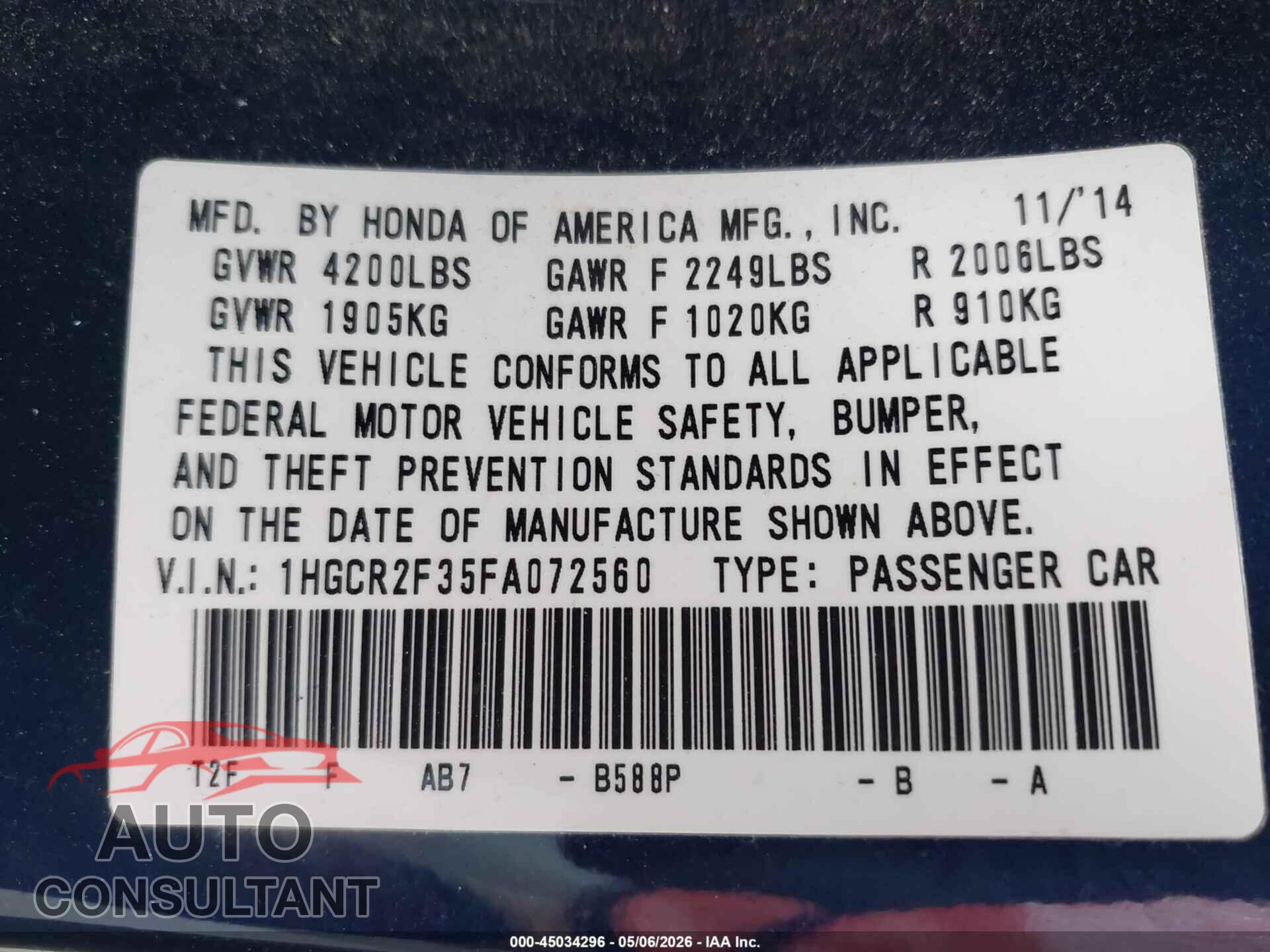 HONDA ACCORD 2015 - 1HGCR2F35FA072560