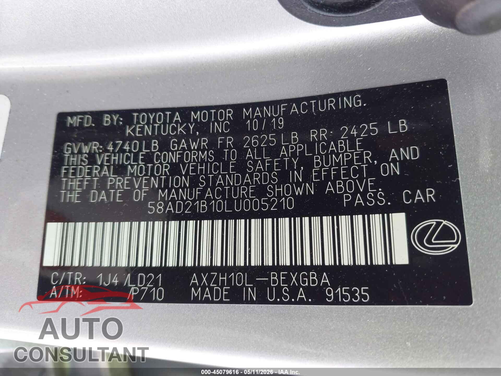 LEXUS ES 300H 2020 - 58AD21B10LU005210
